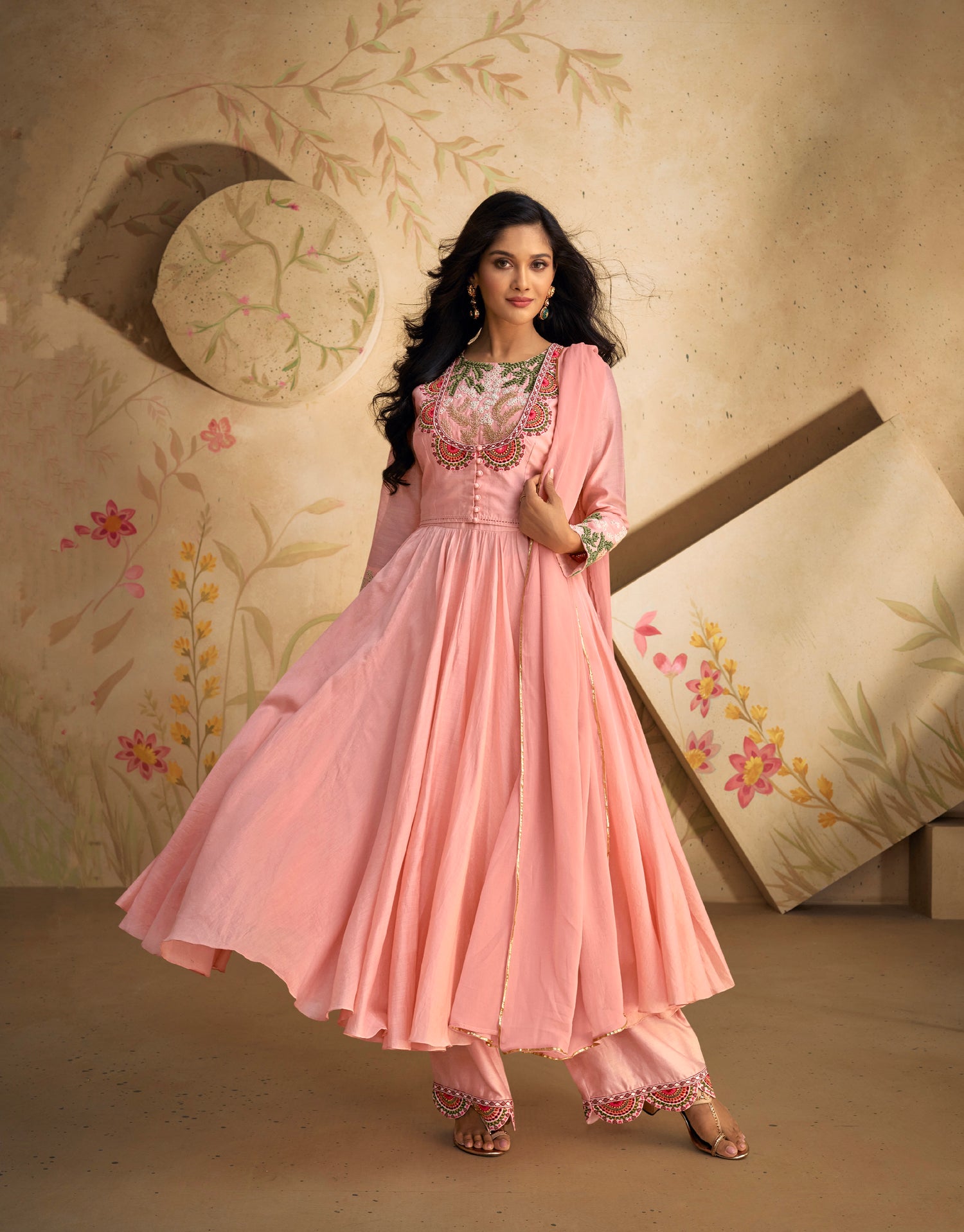 raw silk anarkali dress Red Hand-Embroidered Pure Silk Anarkali Churidar Suit Set