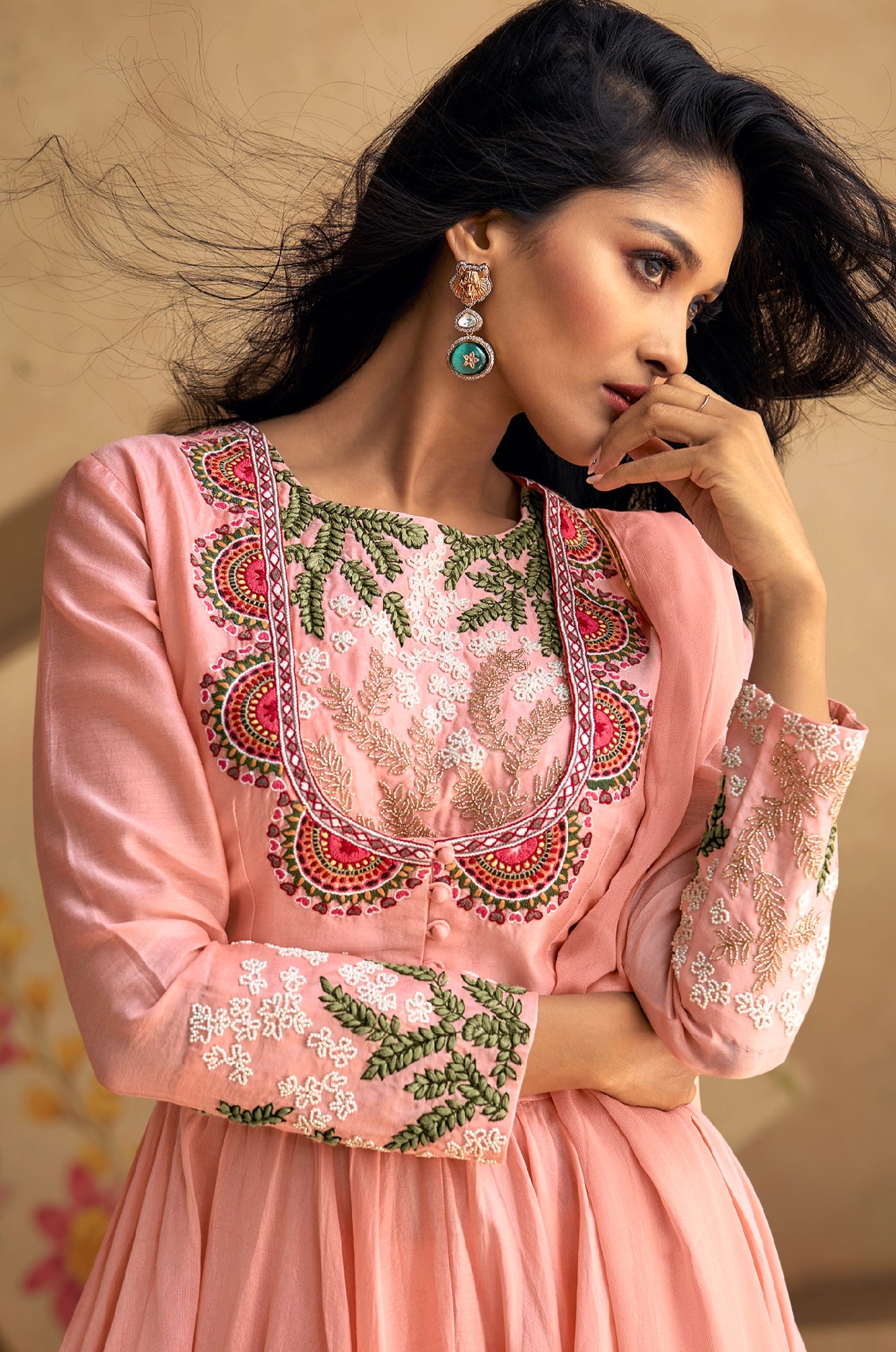 Peach Pure Silk Anarkali Suit with Green and Pink Embroidery