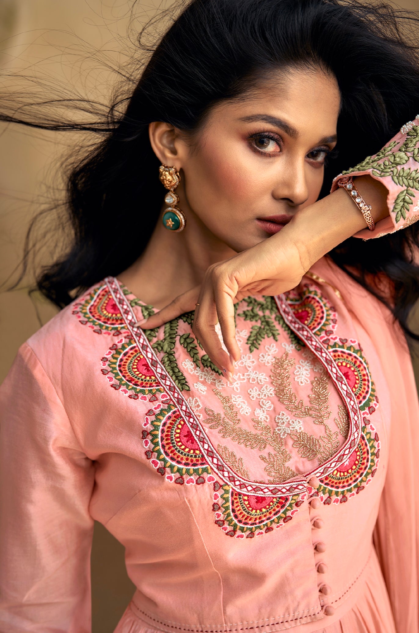 Peach Pure Silk Anarkali Suit with Green and Pink Embroidery