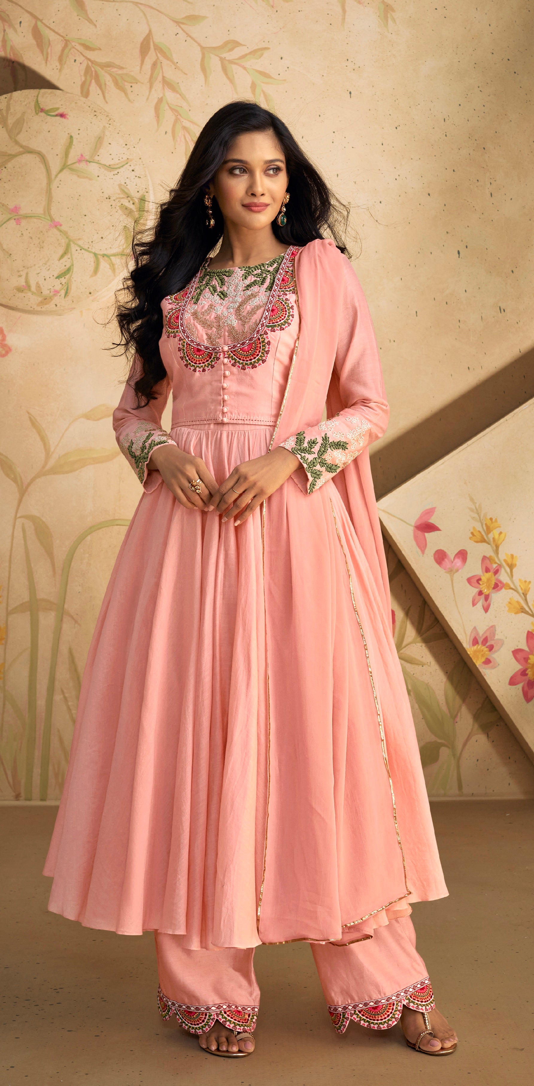 Peach Pure Silk Anarkali Suit with Green and Pink Embroidery