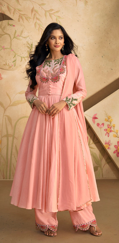 Peach Pure Silk Anarkali Suit with Green and Pink Embroidery