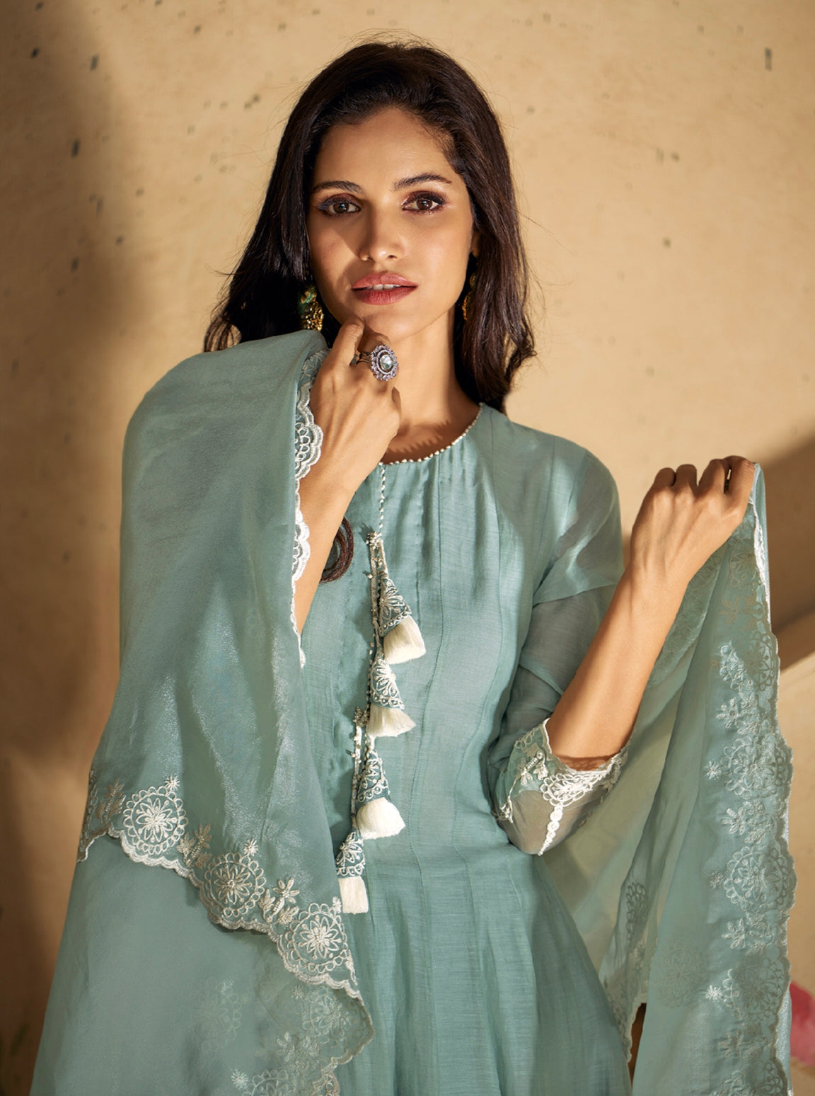 Sage Green Pure Silk Anarkali Suit with White Lace Detailing L-40 Sage Green Pure Silk Anarkali Suit with White Lace Detailing L-40