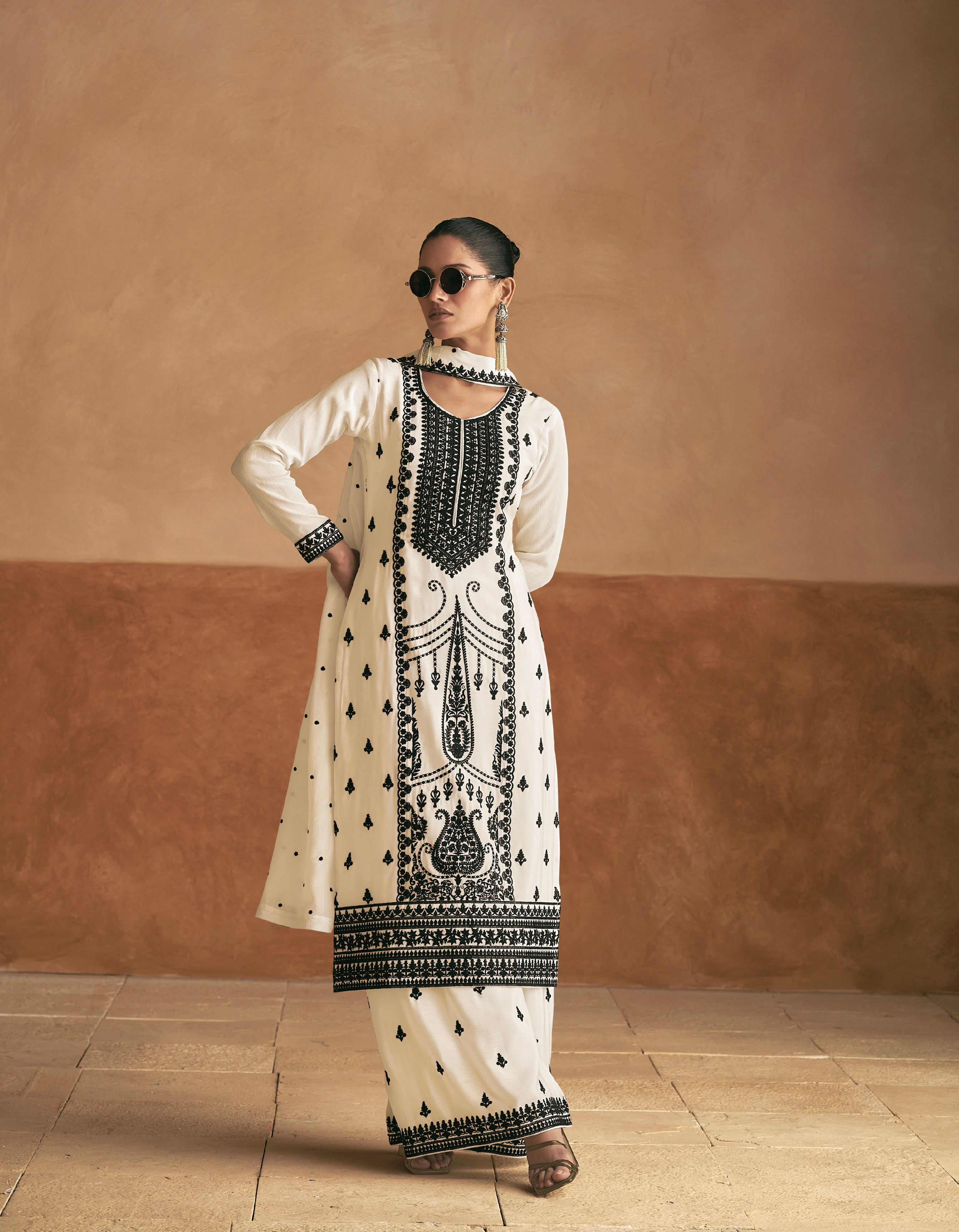 White Premium Chinnon Silk Palazzo Suit with Black Embroidery