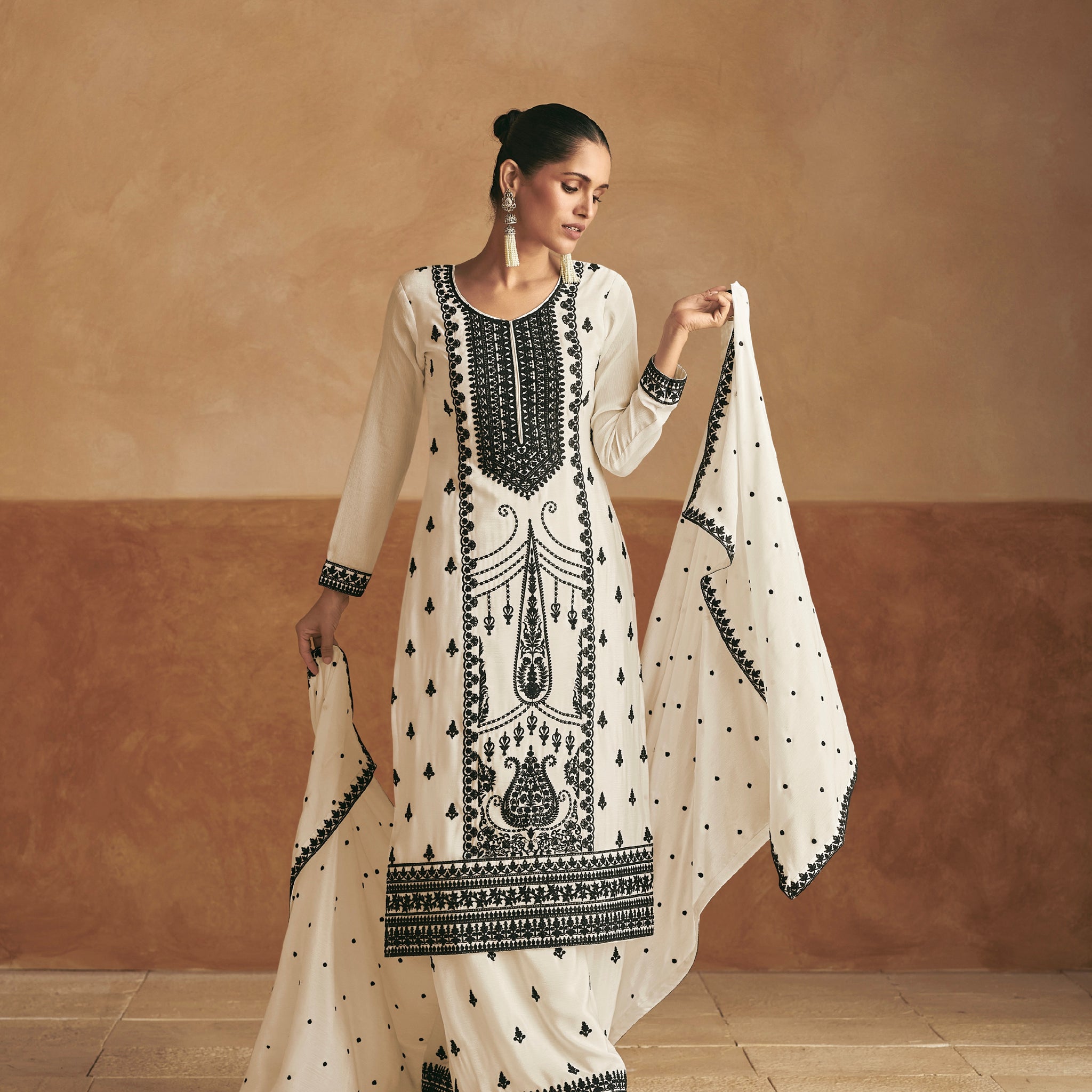 White Premium Chinnon Silk Palazzo Suit with Black Embroidery