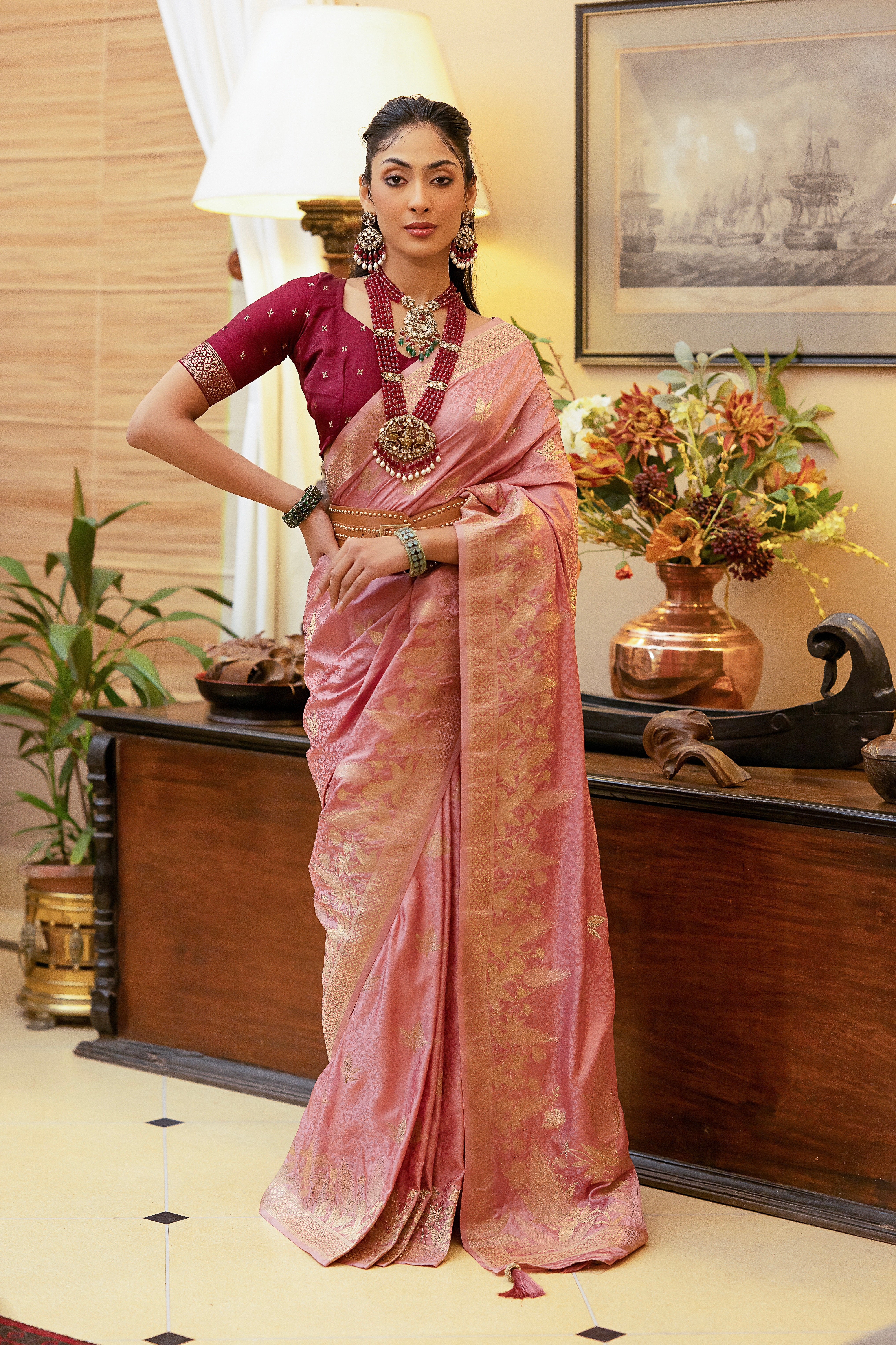 Rose Gold Satin Silk Saree with Intricate Zari Weaving and Satin Silk Blouse
