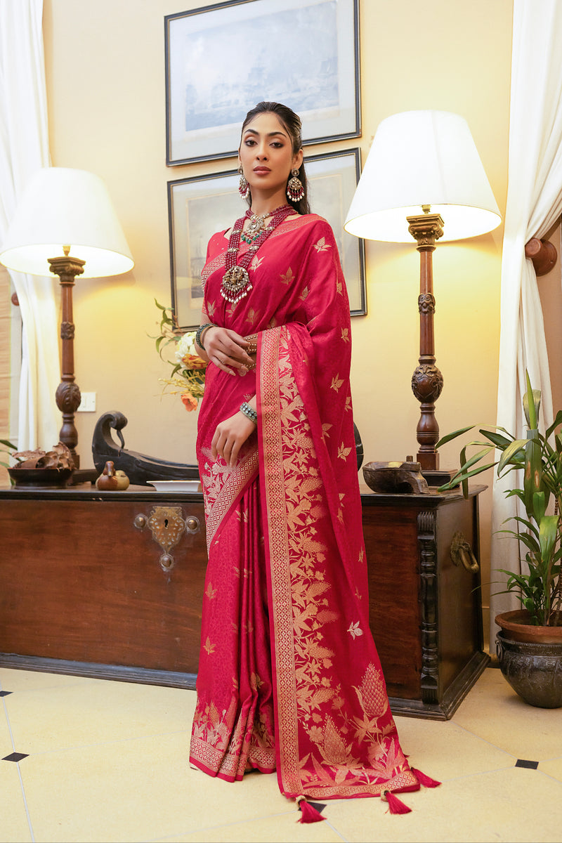 Red Satin Silk Saree with Intricate Zari Weaving and Satin Silk Blouse