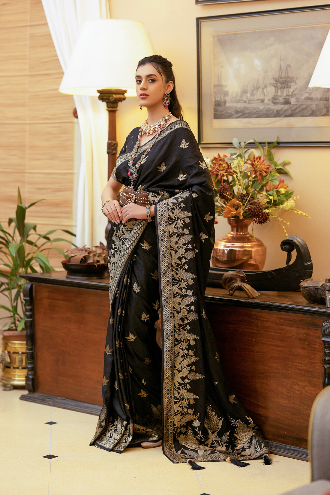 Black Satin Silk Saree with Intricate Zari Weaving and Satin Silk Blouse