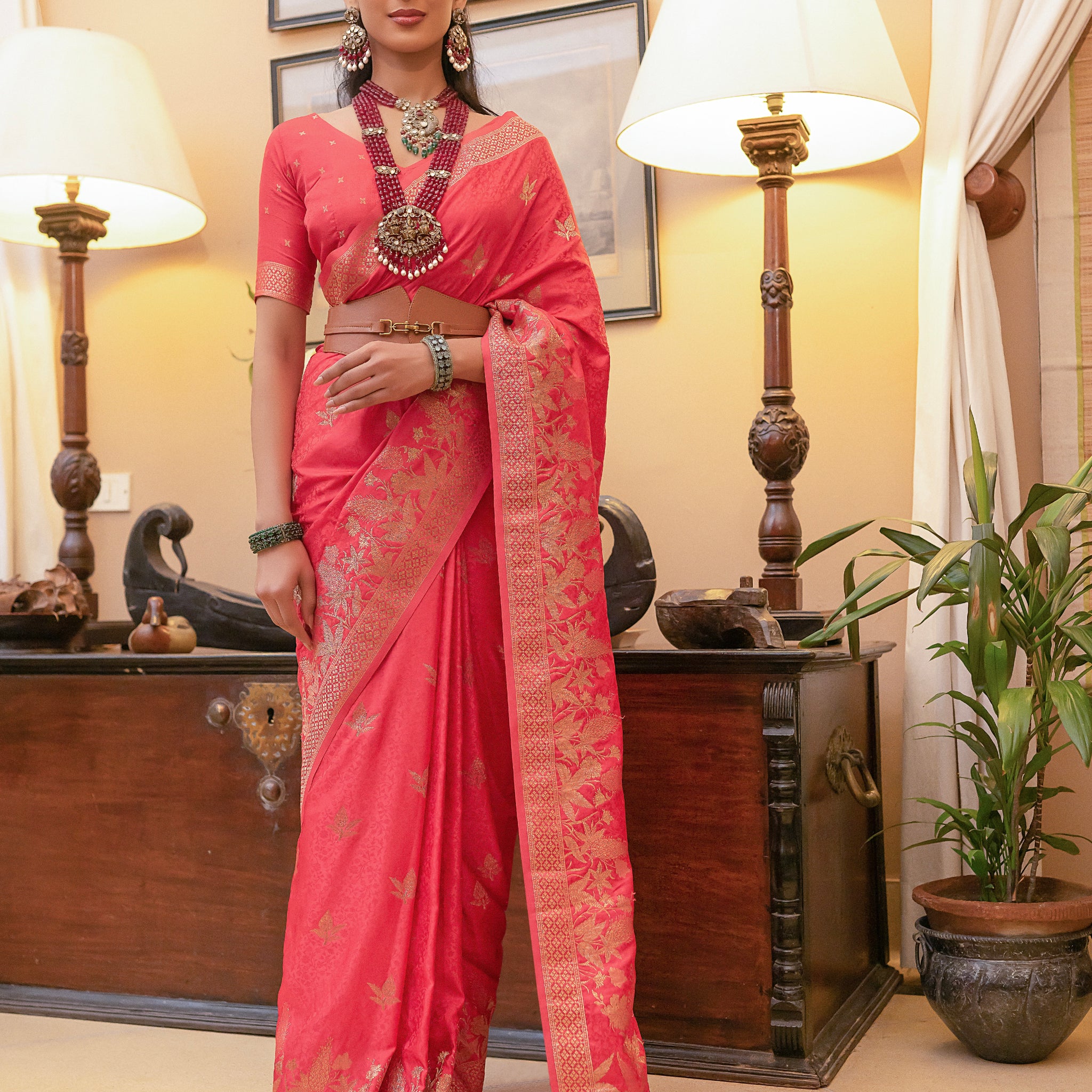 Coral Red Satin Silk Saree with Intricate Zari Weaving and Satin Silk Blouse