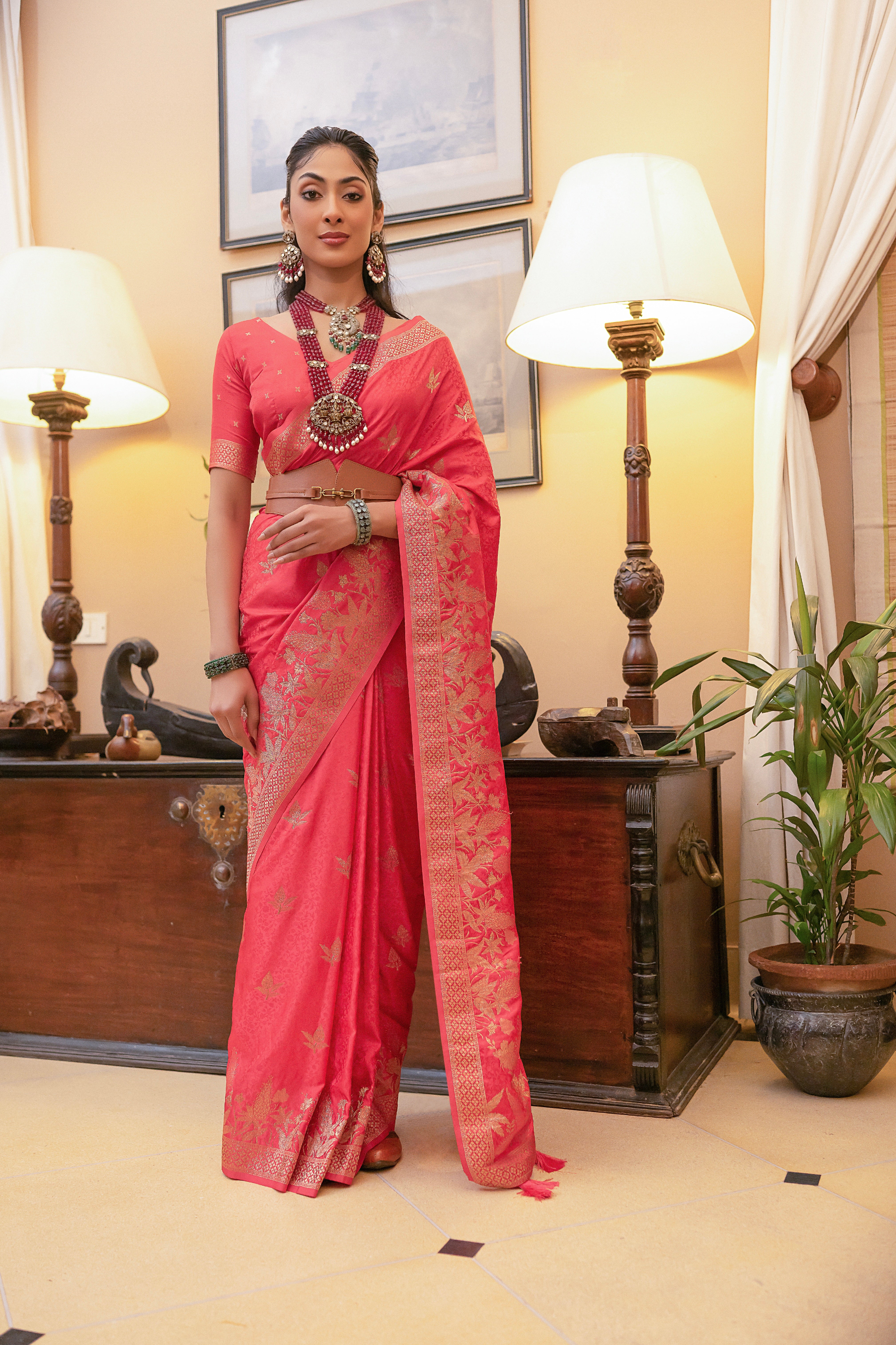 Coral Red Satin Silk Saree with Intricate Zari Weaving and Satin Silk Blouse