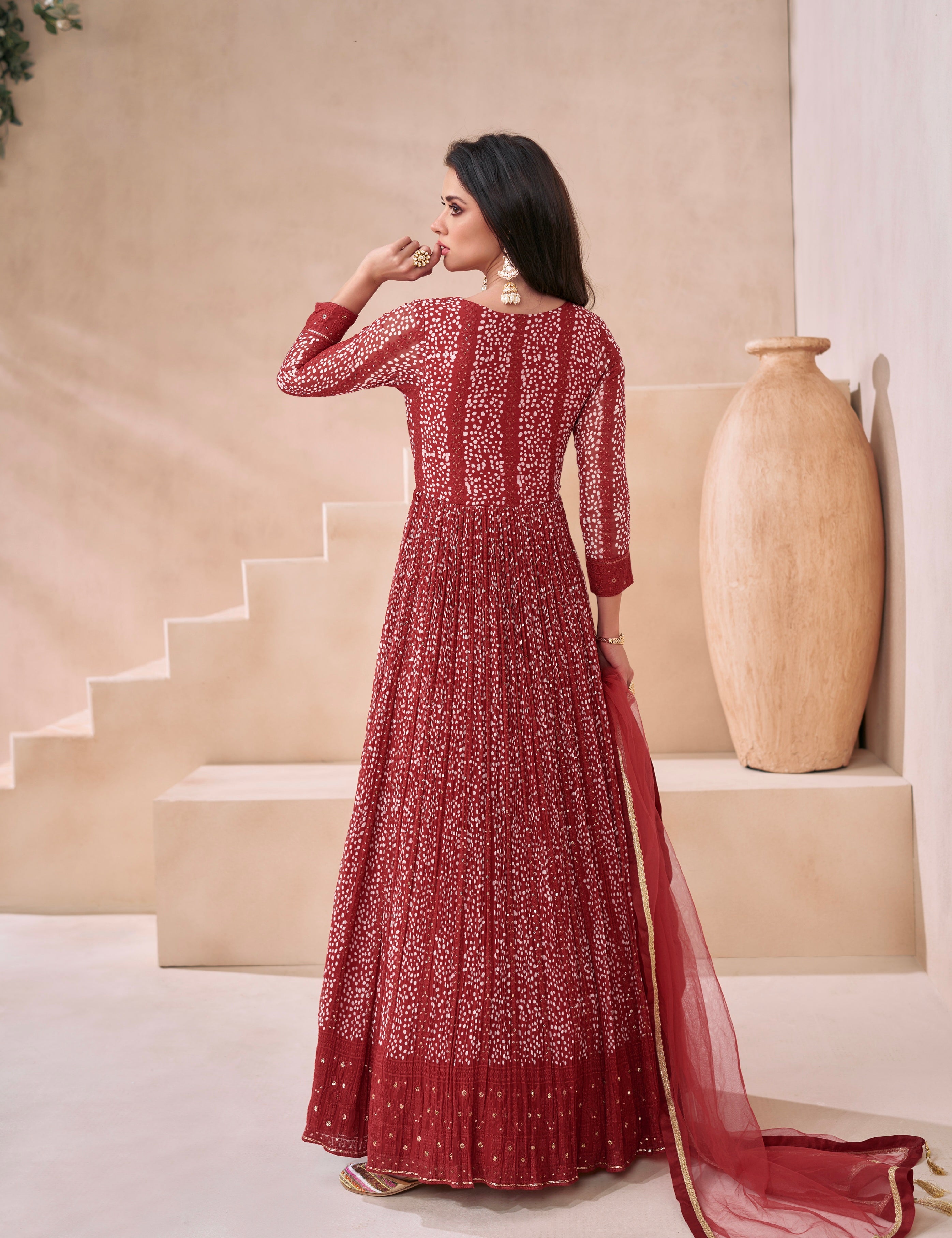 Deep Red Georgette Anarkali Suit with Net Dupatta