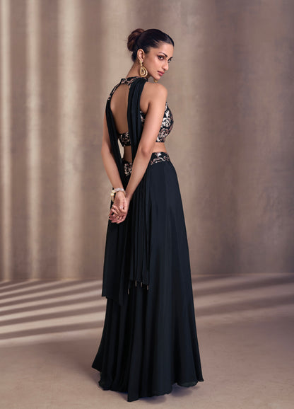 Black Real Chinon Silk Palazzo Suit with Embroidered Halter Top