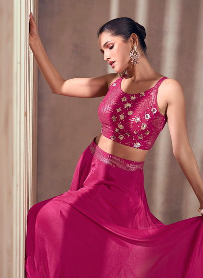 Pink Real Chinon Silk Palazzo Suit with Embroidered Sleeveless Top