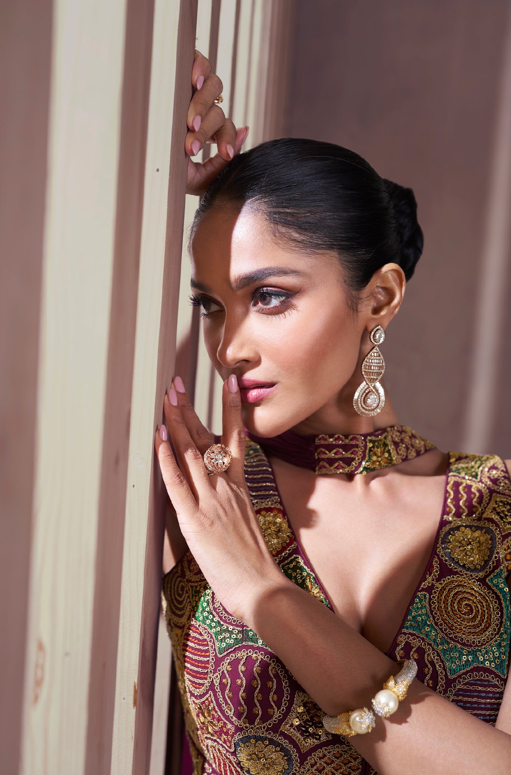 Maroon Real Chinon Silk Palazzo Suit with Embroidered Top