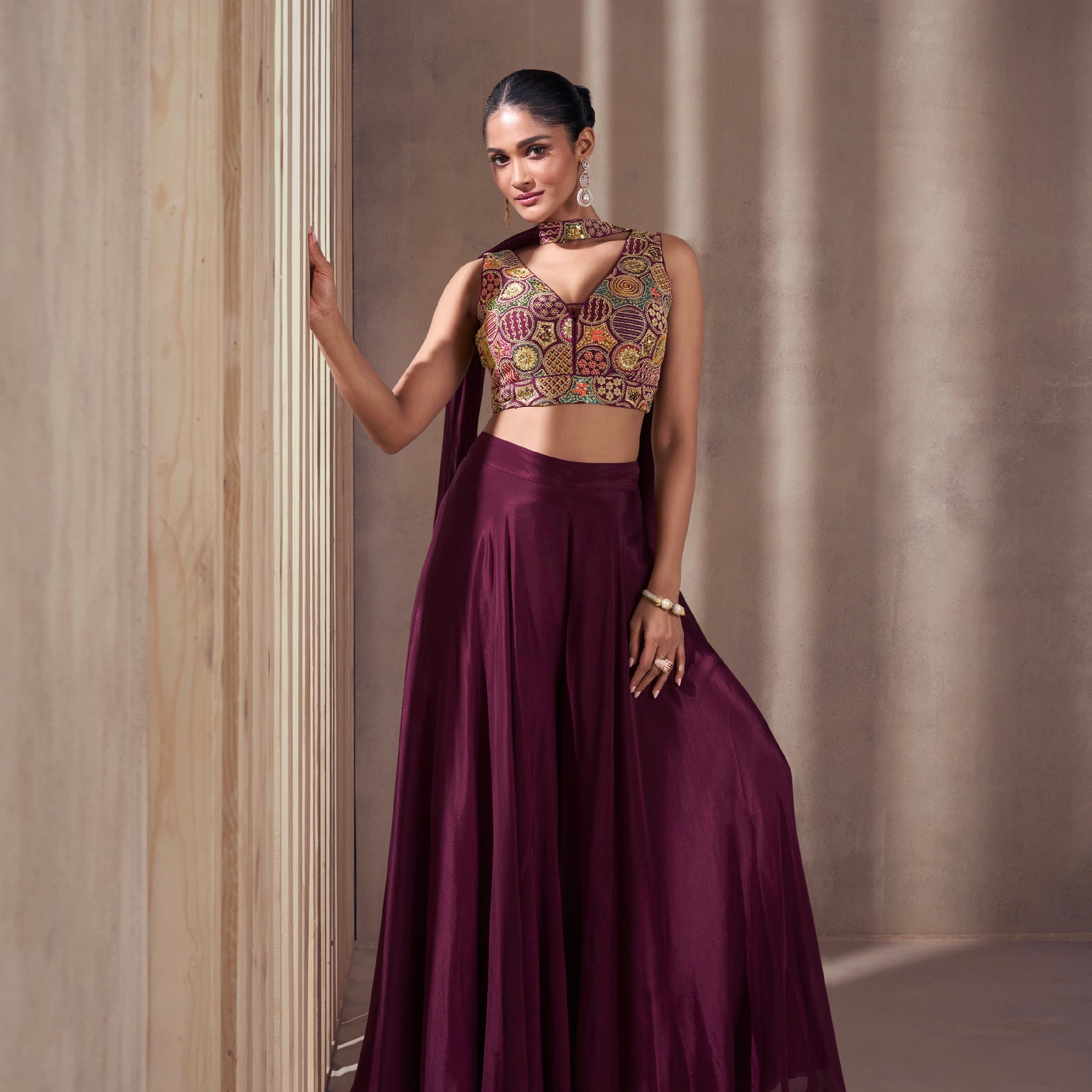 Maroon Real Chinon Silk Palazzo Suit with Embroidered Top