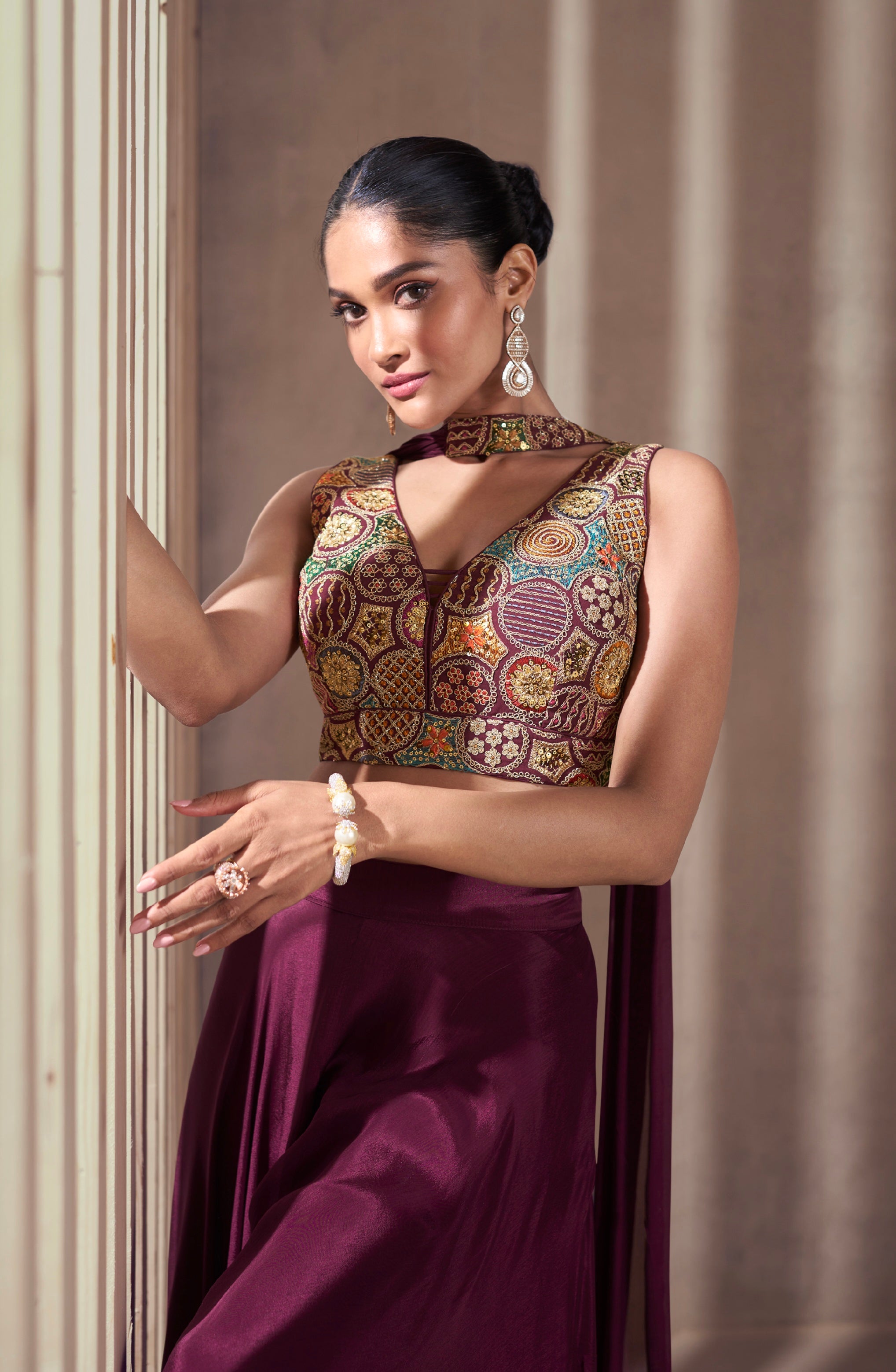 Maroon Real Chinon Silk Palazzo Suit with Embroidered Top