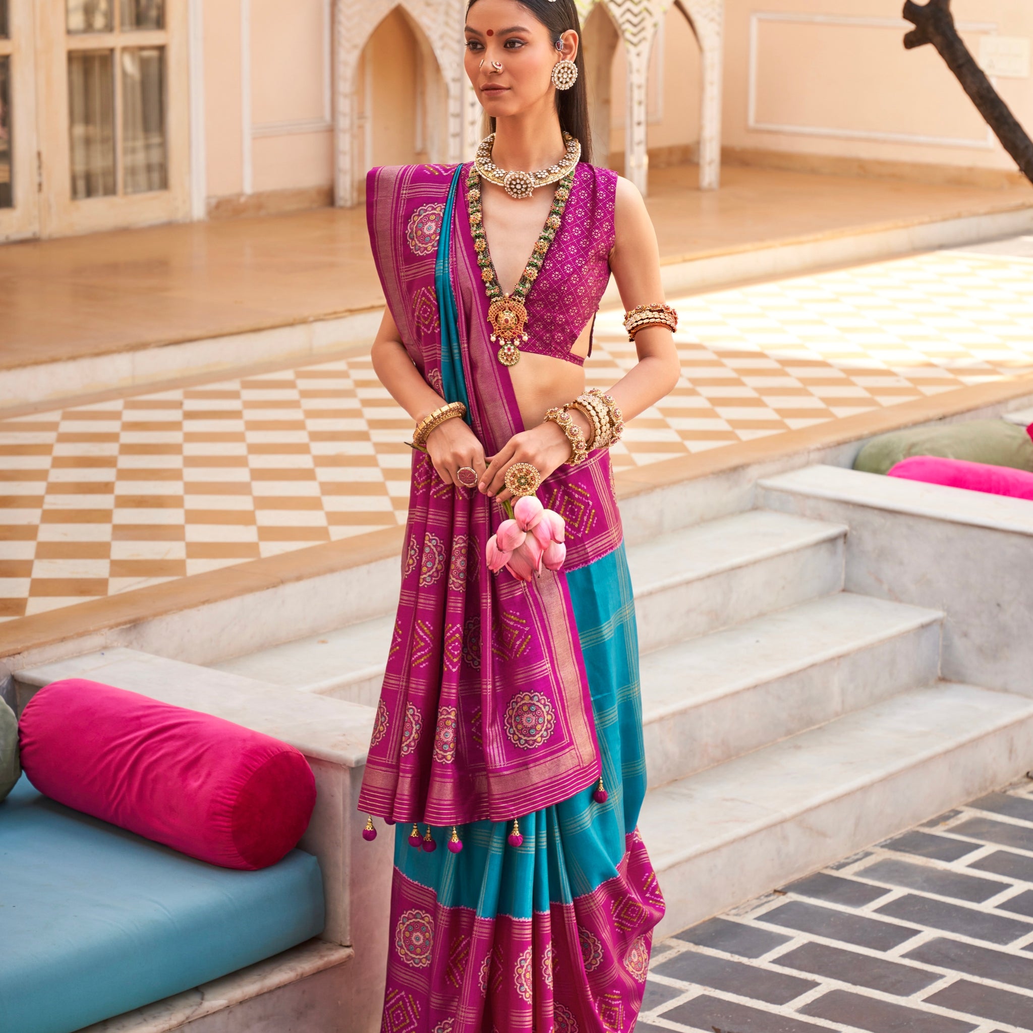 Magenta and Turquoise Super PV Silk Patola Saree