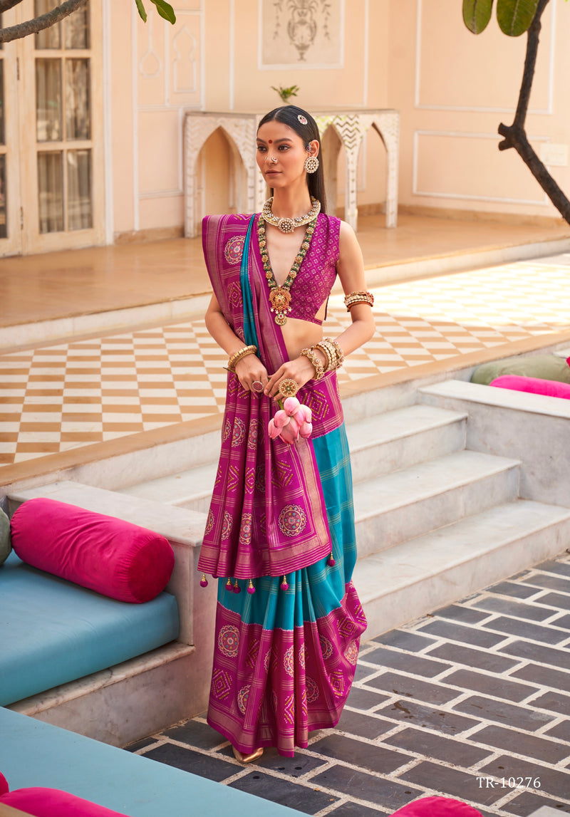 Magenta and Turquoise Super PV Silk Patola Saree