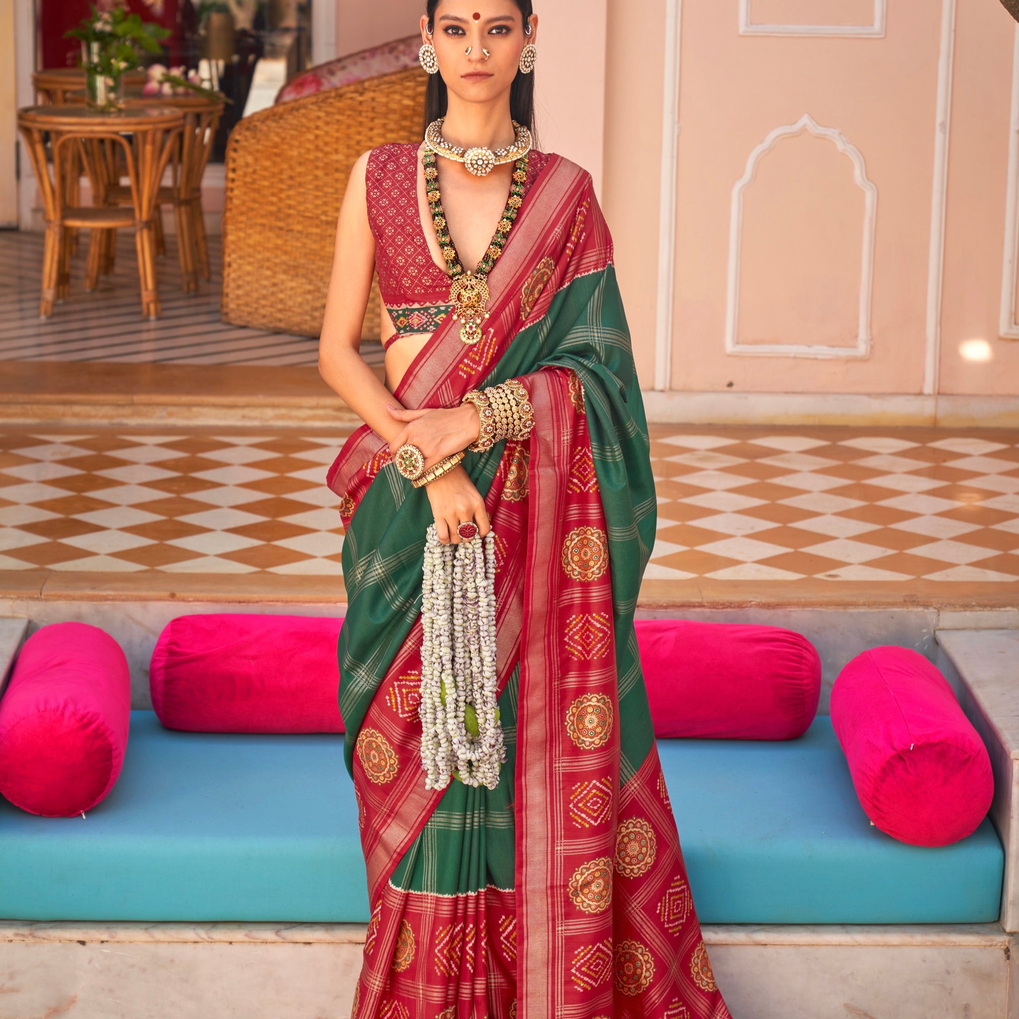 Green and Red Super PV Silk Patola Saree
