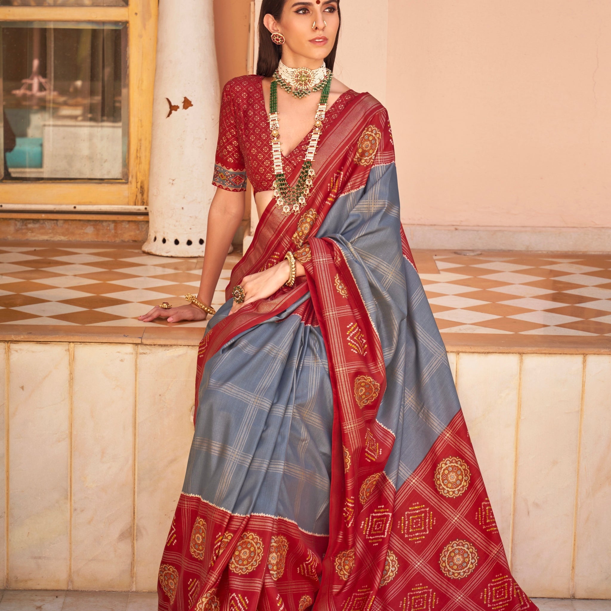 Grey and Red Super PV Silk Patola Saree