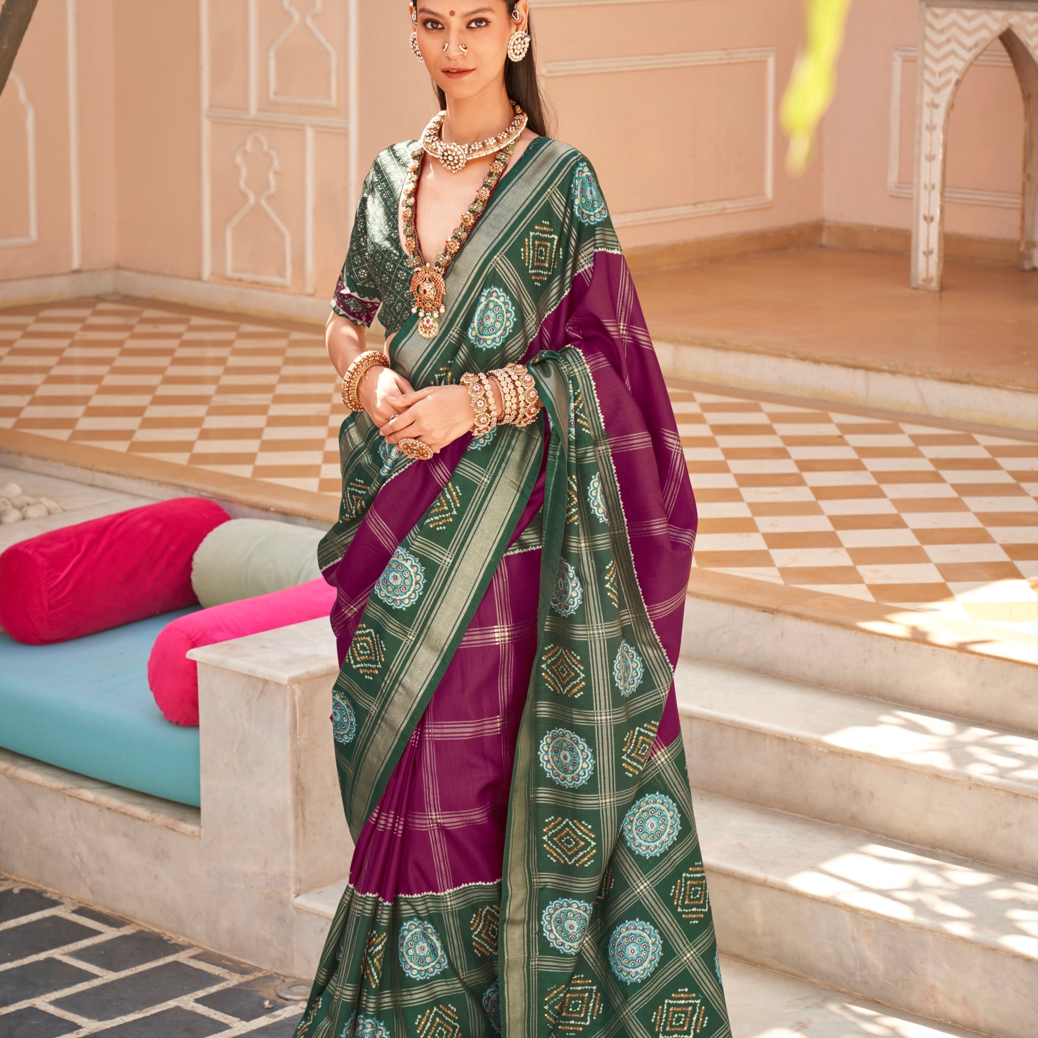 Green and Purple Super PV Silk Patola Saree
