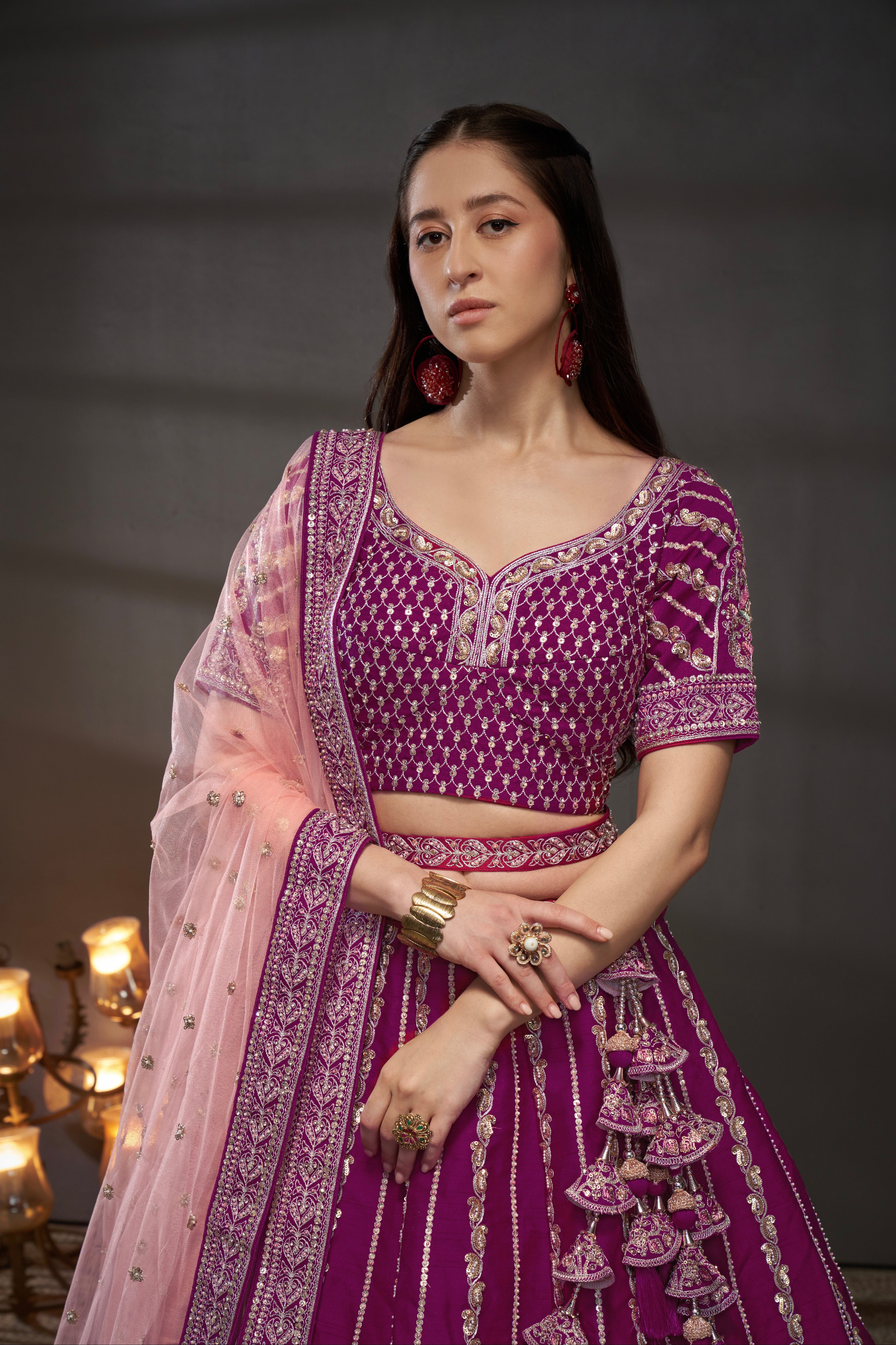 Burgundy Pure Silk &amp; Heavy Work Embroidery Bridal Lehenga &amp; Dupatta