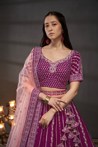 Burgundy Pure Silk &amp; Heavy Work Embroidery Bridal Lehenga &amp; Dupatta