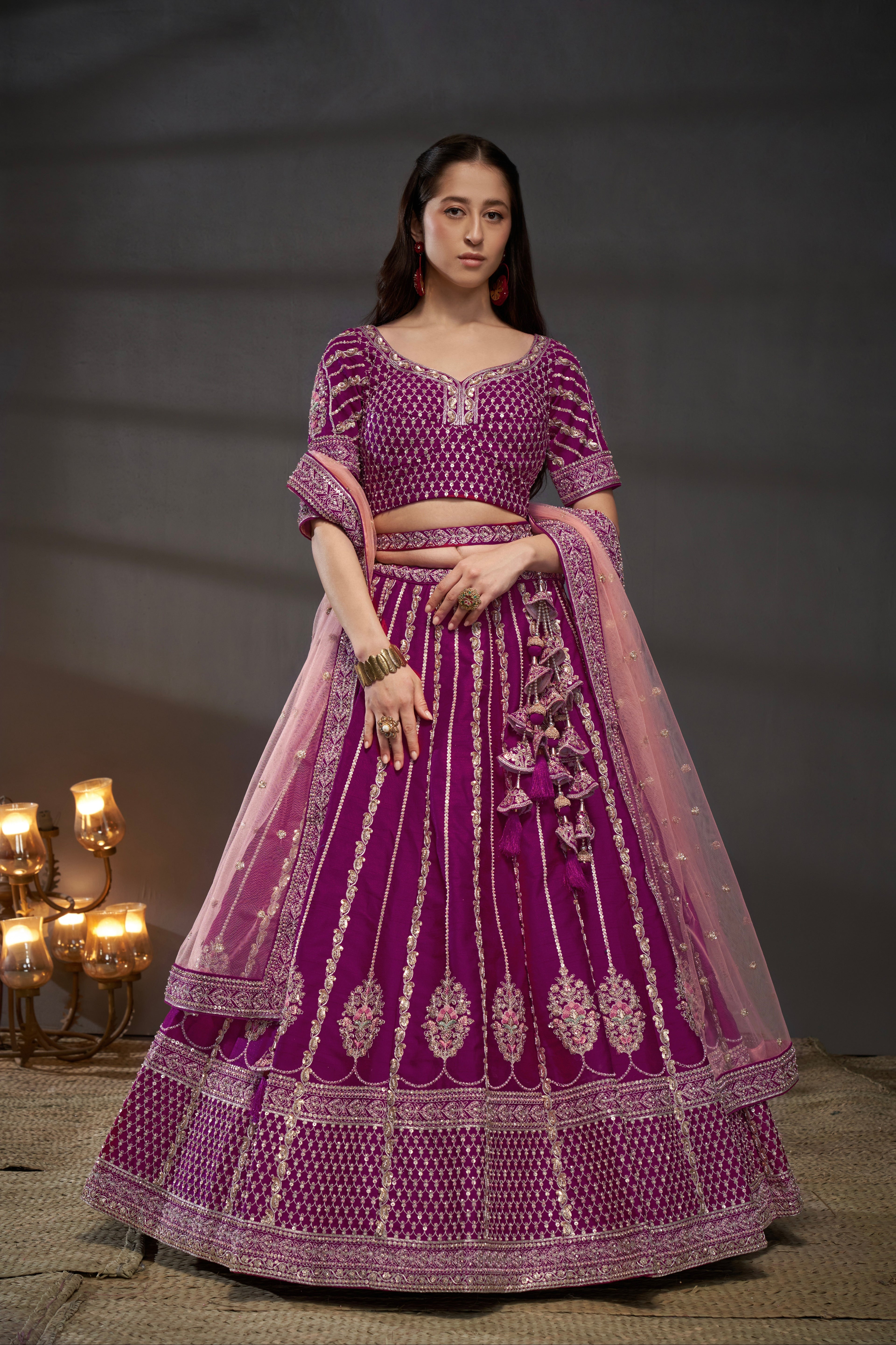 Burgundy Pure Silk &amp; Heavy Work Embroidery Bridal Lehenga &amp; Dupatta