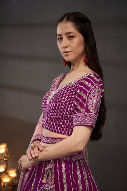 Burgundy Pure Silk &amp; Heavy Work Embroidery Bridal Lehenga &amp; Dupatta