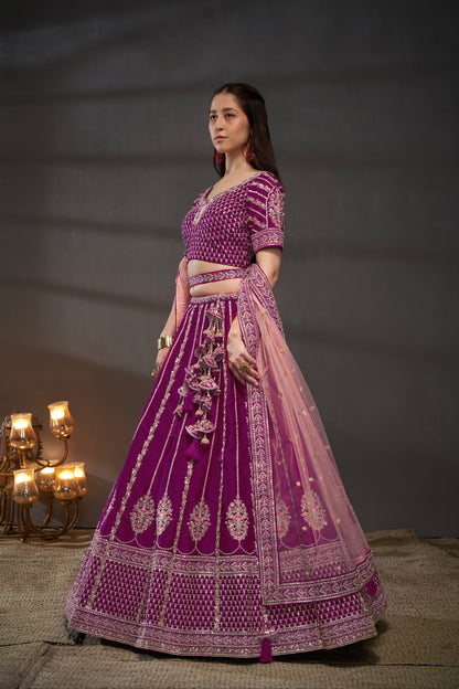 Burgundy Pure Silk &amp; Heavy Work Embroidery Bridal Lehenga &amp; Dupatta