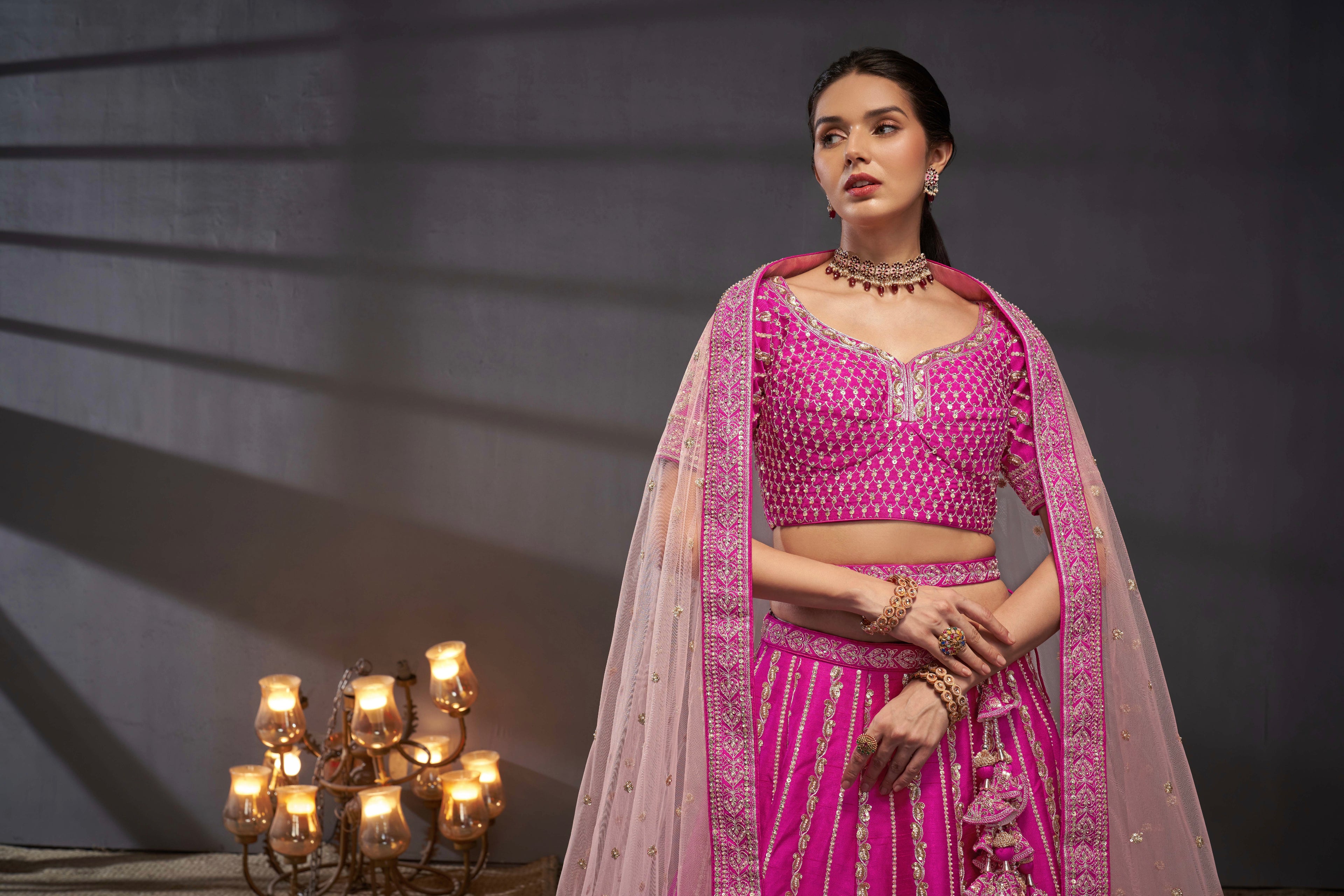 Pink Pure Silk &amp; Heavy Embroidery Bridal Lehenga &amp; Dupatta