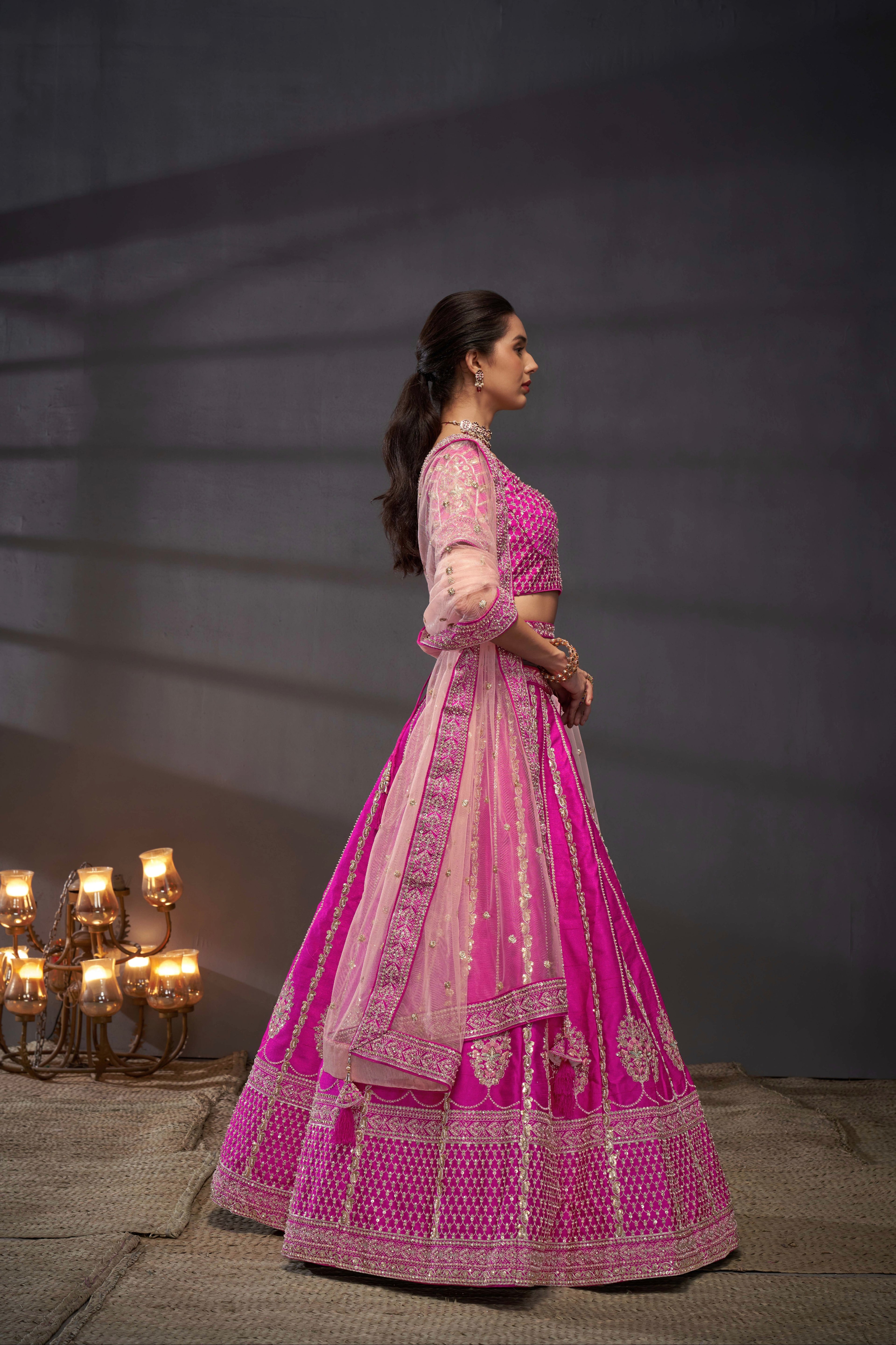 Pink Pure Silk &amp; Heavy Embroidery Bridal Lehenga &amp; Dupatta