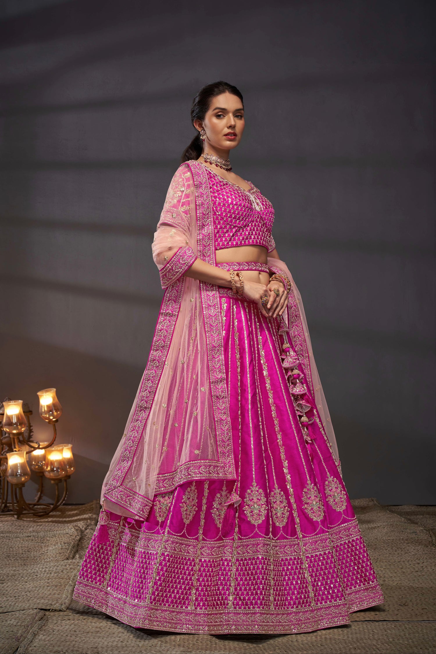 Pink Pure Silk &amp; Heavy Embroidery Bridal Lehenga &amp; Dupatta