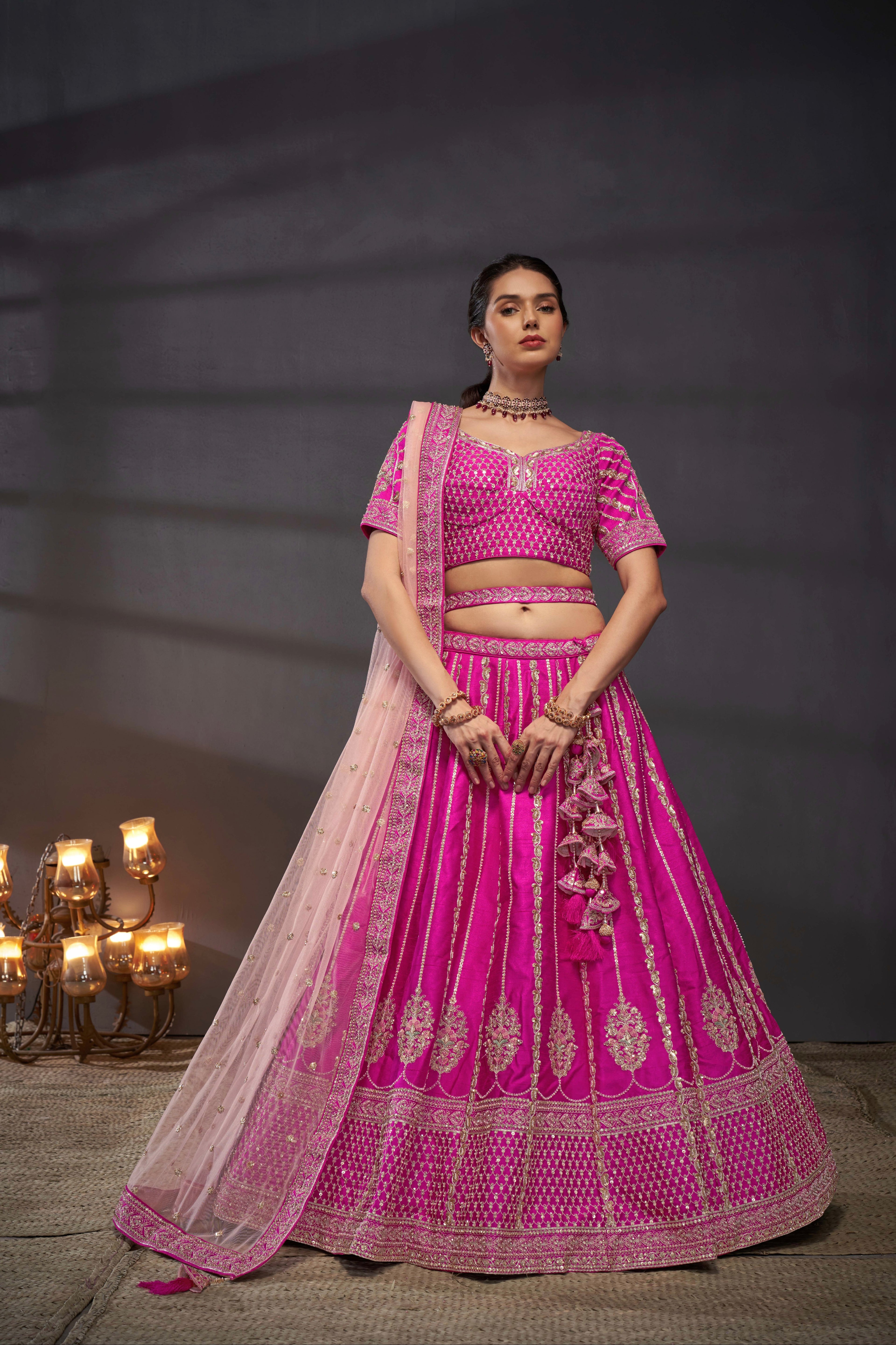 Pink Pure Silk &amp; Heavy Embroidery Bridal Lehenga &amp; Dupatta
