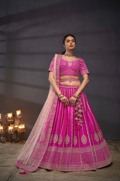 Pink Pure Silk &amp; Heavy Embroidery Bridal Lehenga &amp; Dupatta