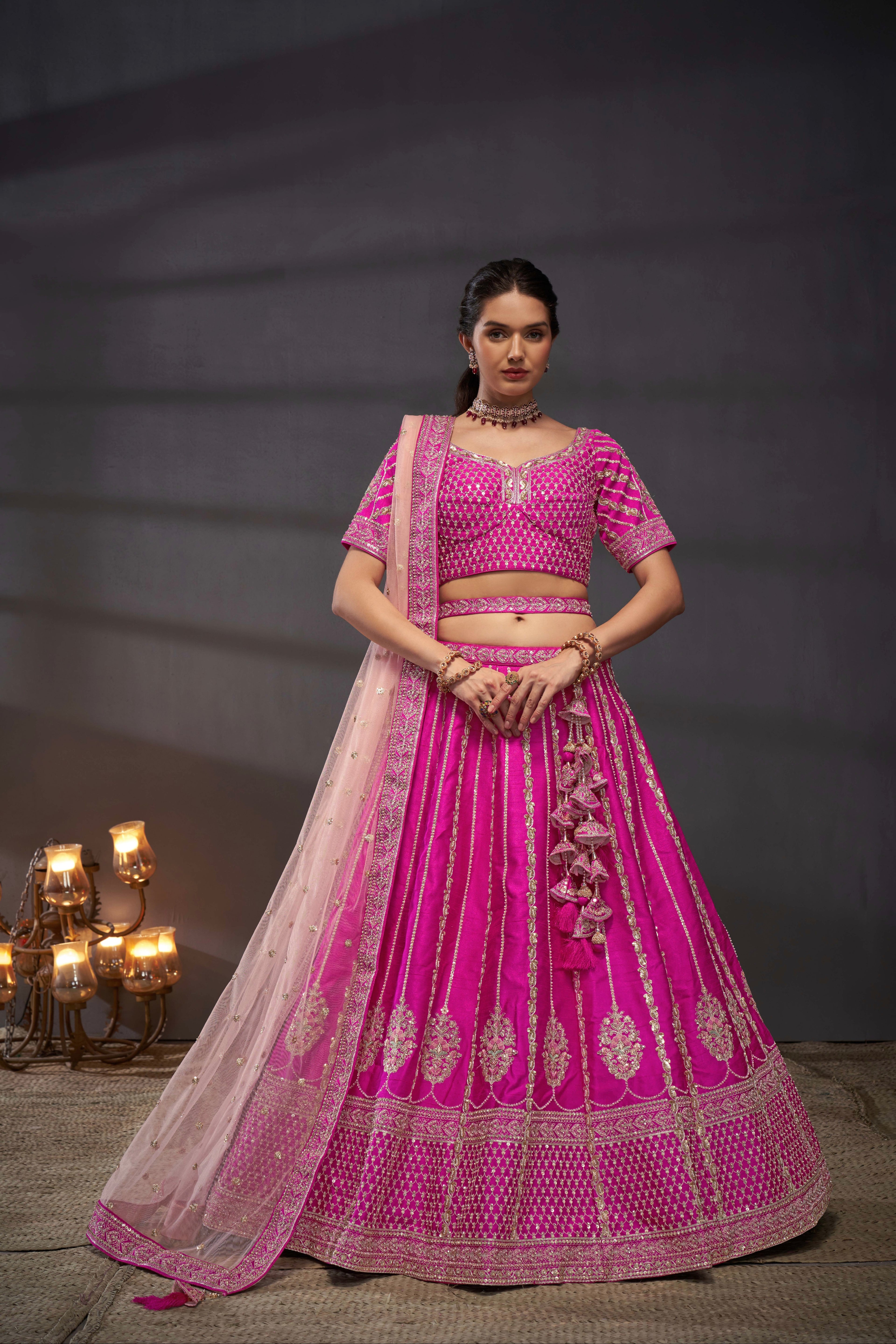 Pink Pure Silk &amp; Heavy Embroidery Bridal Lehenga &amp; Dupatta