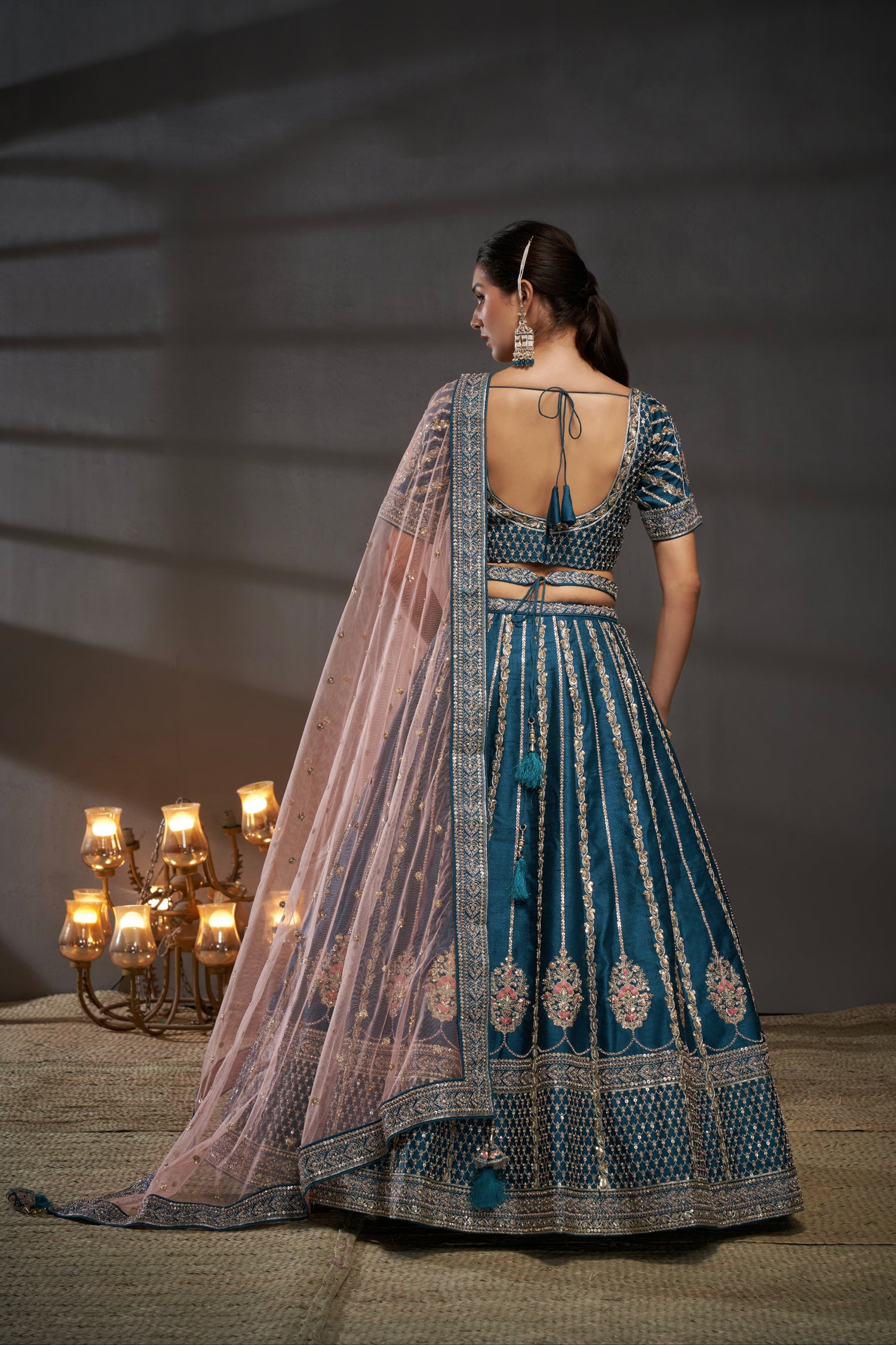 Teal Pure Silk &amp; Heavy Embroidery Bridal Lehenga &amp; Dupatta
