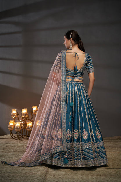 Teal Pure Silk &amp; Heavy Embroidery Bridal Lehenga &amp; Dupatta