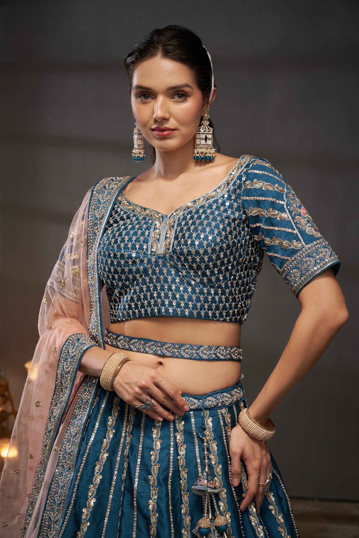 Teal Pure Silk &amp; Heavy Embroidery Bridal Lehenga &amp; Dupatta
