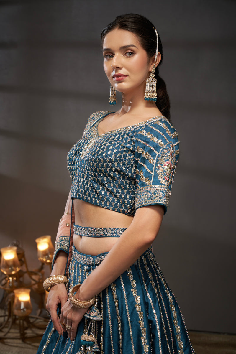 Teal Pure Silk & Heavy Embroidery Bridal Lehenga & Dupatta
