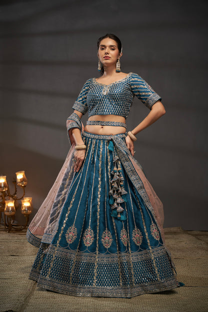 Teal Pure Silk &amp; Heavy Embroidery Bridal Lehenga &amp; Dupatta