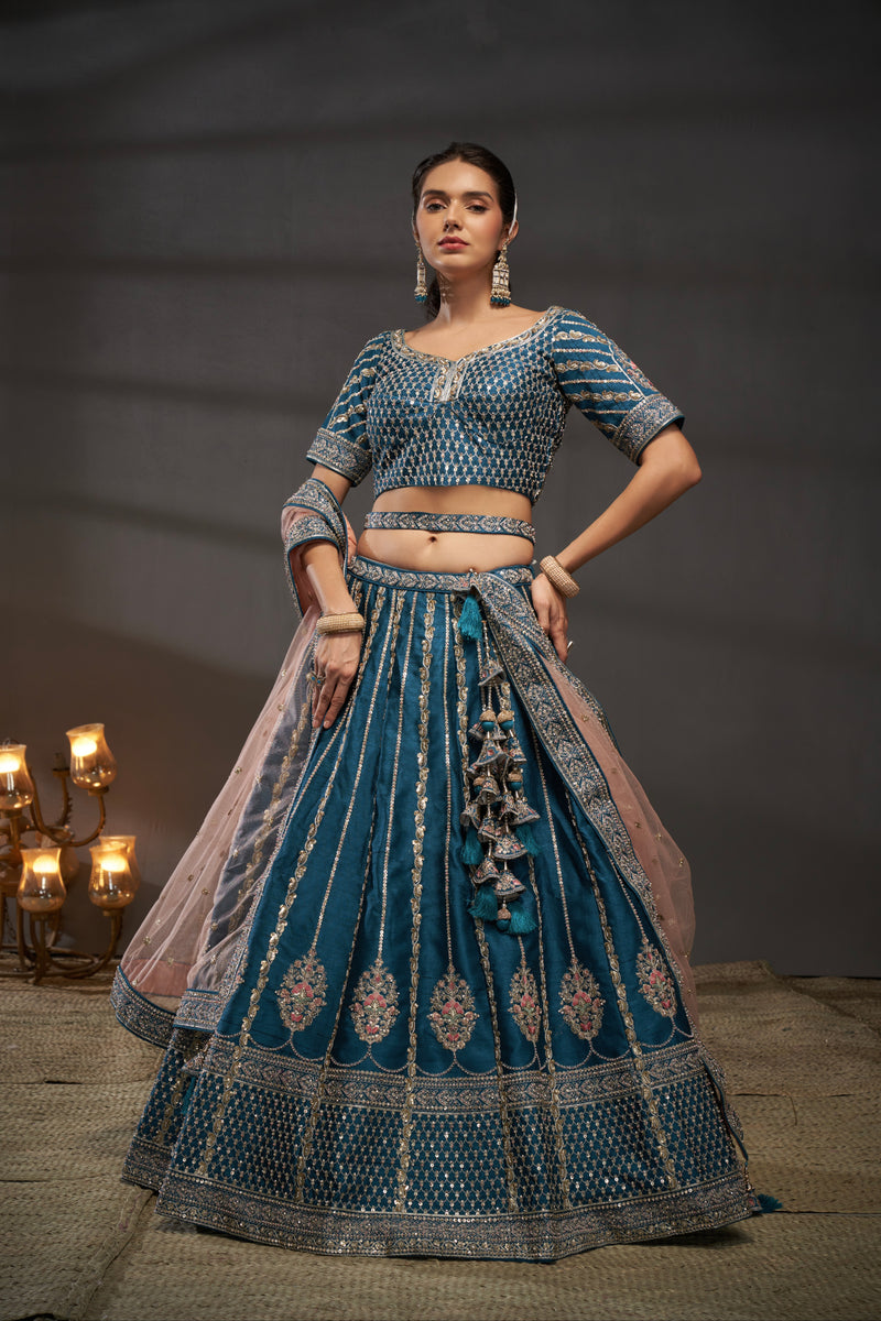 Teal Pure Silk & Heavy Embroidery Bridal Lehenga & Dupatta