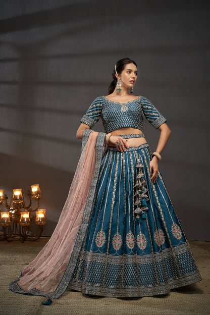 Teal Pure Silk &amp; Heavy Embroidery Bridal Lehenga &amp; Dupatta