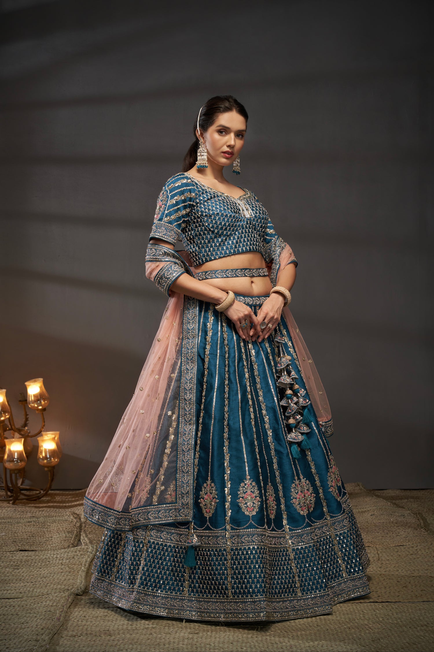 Teal Pure Silk &amp; Heavy Embroidery Bridal Lehenga &amp; Dupatta