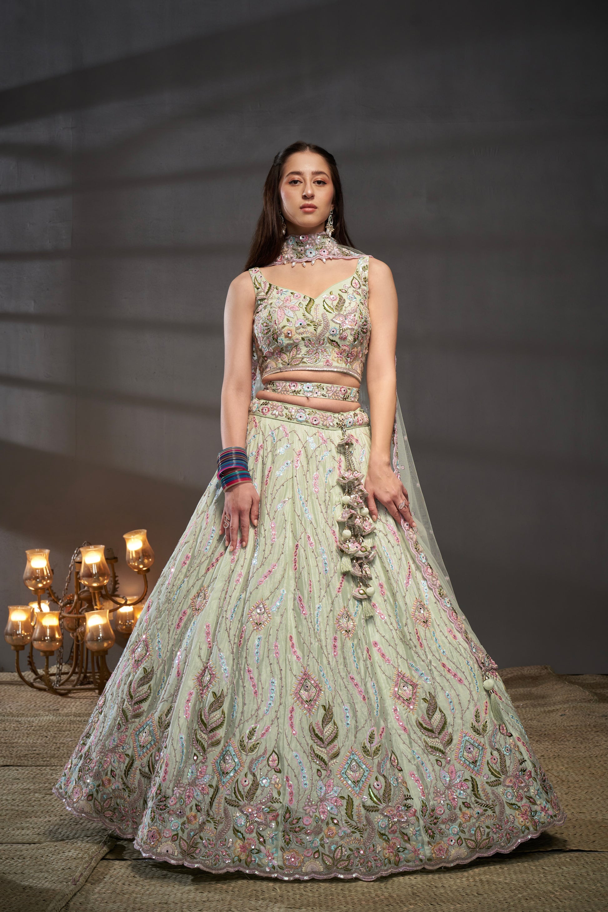 Lime Green Pure Chiffon & Heavy Embroidery Bridal Lehenga & Dupatta