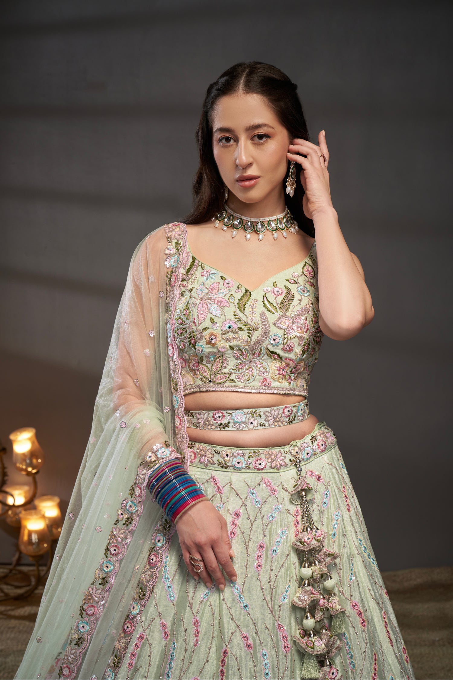 Lime Green Pure Chiffon &amp; Heavy Embroidery Bridal Lehenga &amp; Dupatta