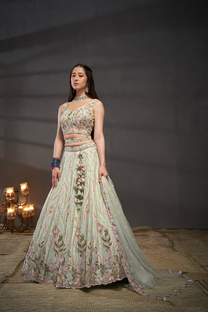 Lime Green Pure Chiffon &amp; Heavy Embroidery Bridal Lehenga &amp; Dupatta