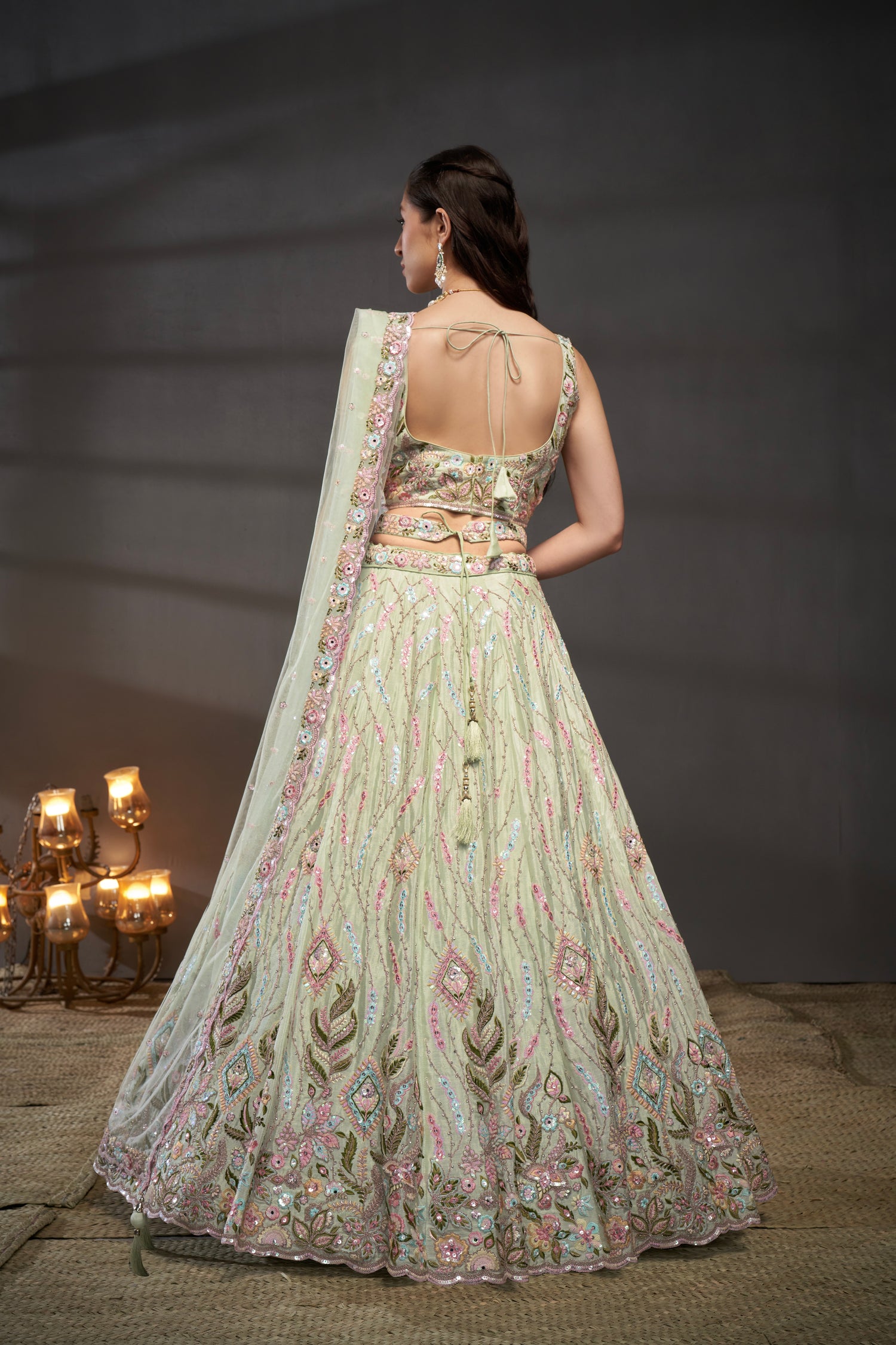 Lime Green Pure Chiffon &amp; Heavy Embroidery Bridal Lehenga &amp; Dupatta