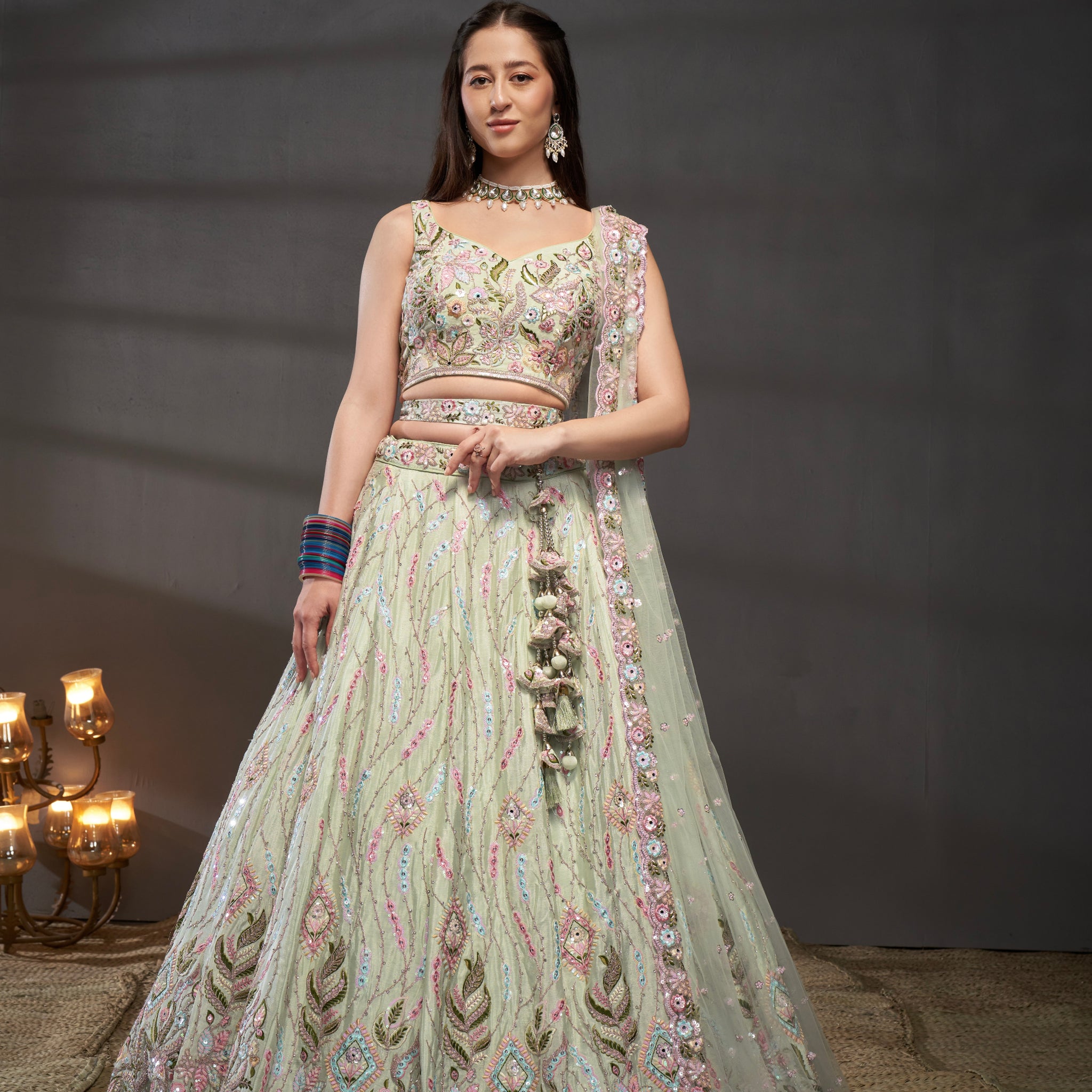 Lime Green Pure Chiffon & Heavy Embroidery Bridal Lehenga & Dupatta