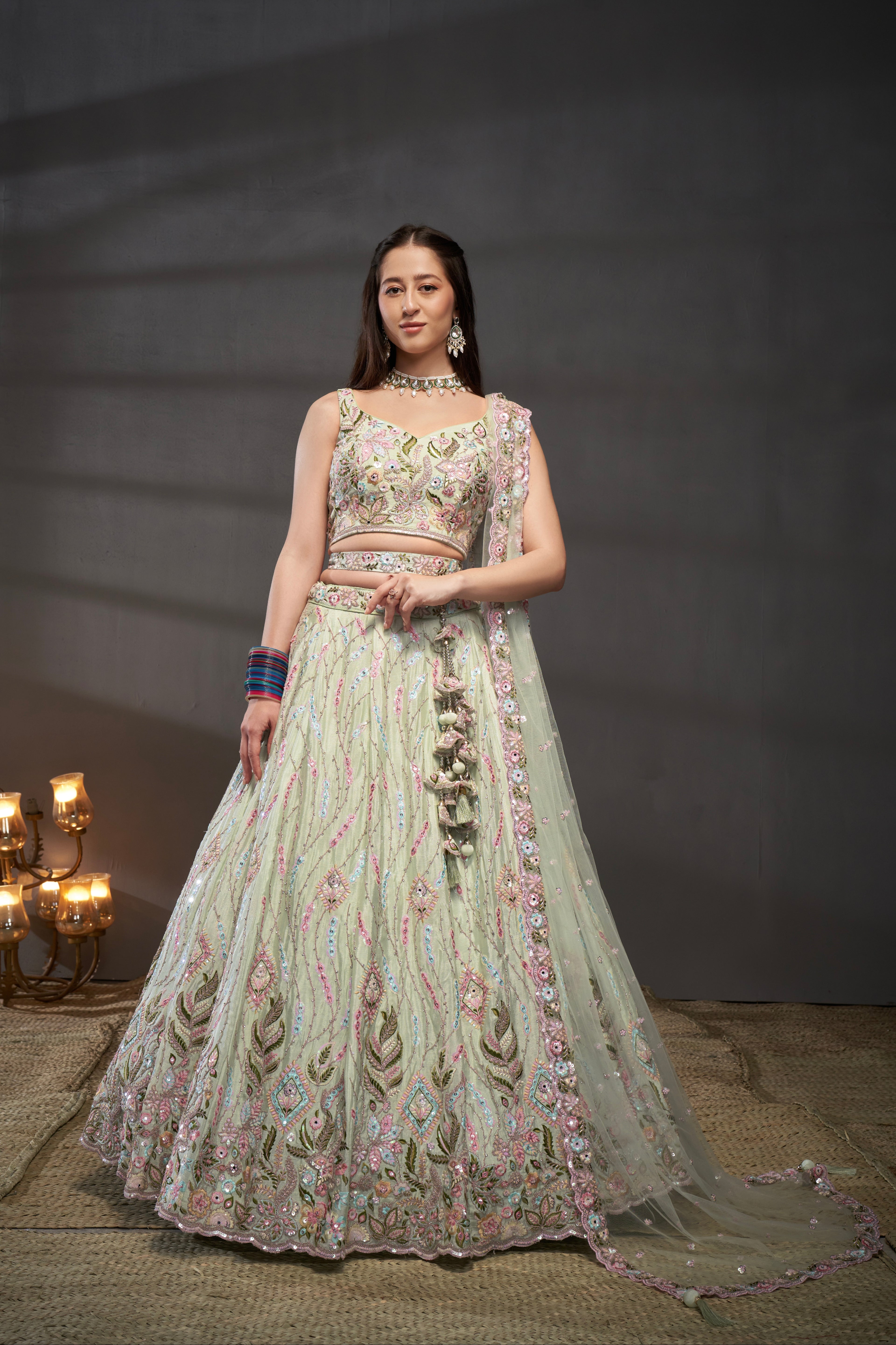 Lime Green Pure Chiffon &amp; Heavy Embroidery Bridal Lehenga &amp; Dupatta