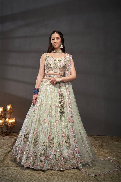 Lime Green Pure Chiffon &amp; Heavy Embroidery Bridal Lehenga &amp; Dupatta